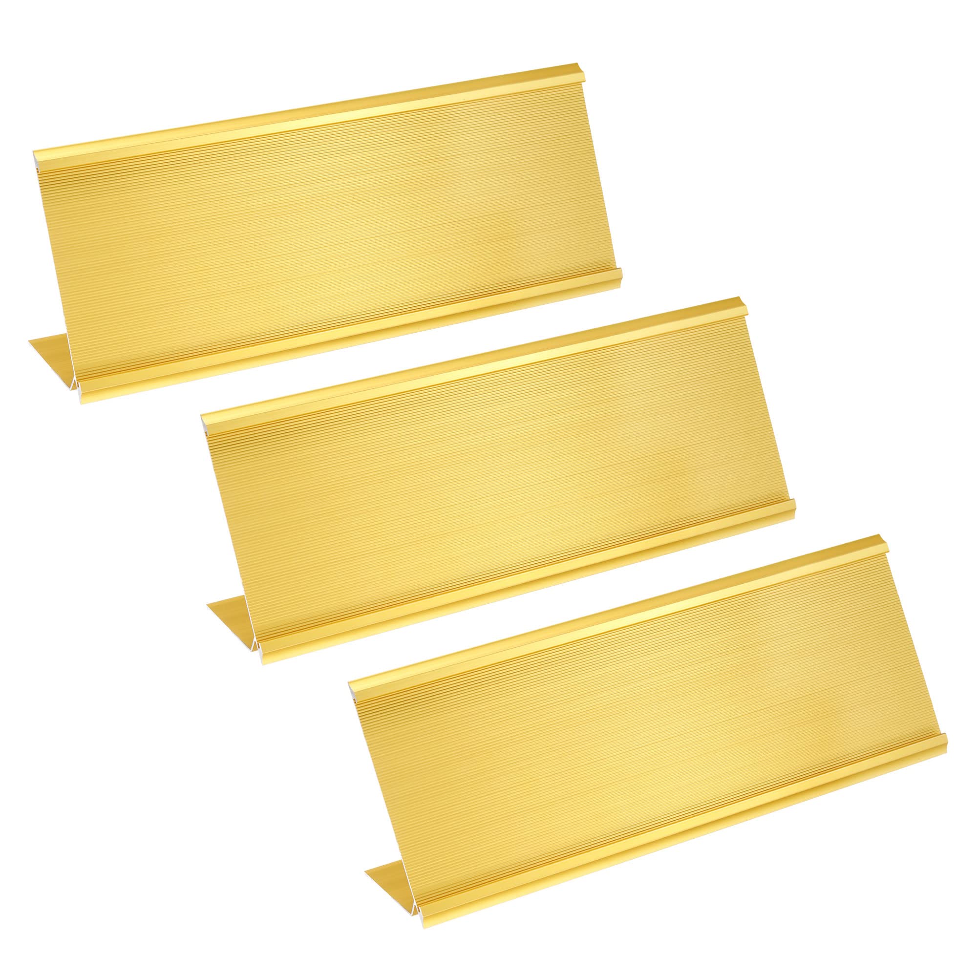 PATIKIL 3 x 9.4inch Aluminum Name Plate Holder, 3Pcs L Type for Desk Office Business Door Sign Holder Gold Tone