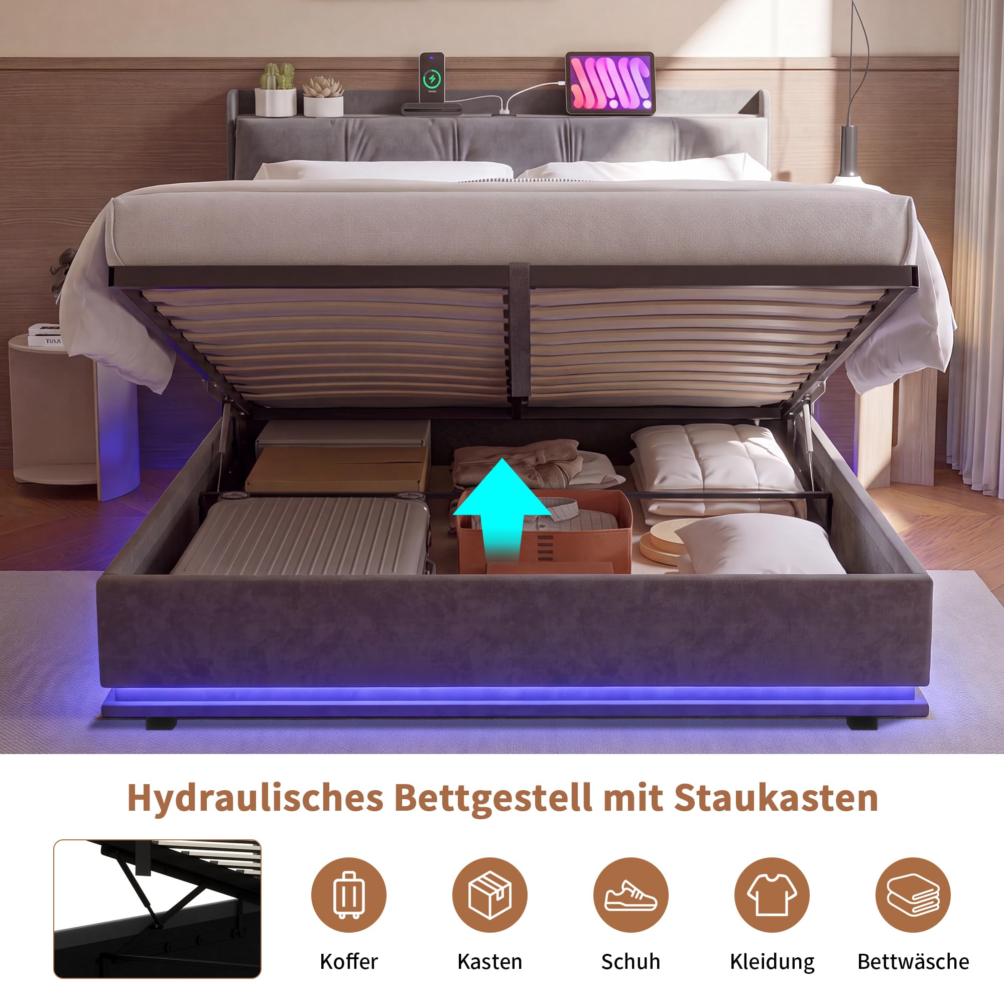140 x 200 cm podwójne łóżko oświetlenie LED, złącze USB, miejsce do przechowywania | Pamięć hydrauliczna, regulowane oświetlenie LED, stacja ładująca USB, aksamitny zagłówek, drewniany stelaż, bez materaca