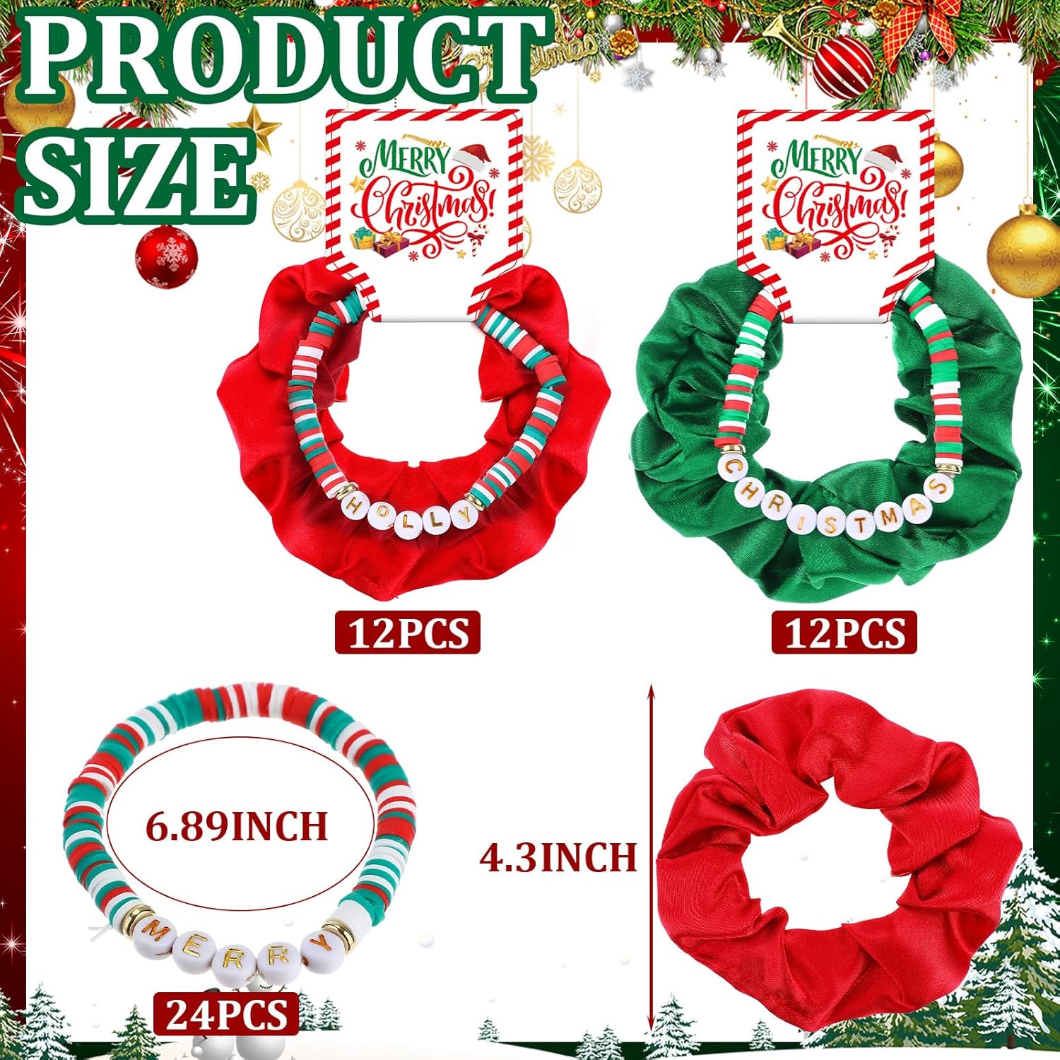 Hoteam 24 Sets Christmas Polymer Clay Beaded Stretch Bracelets Xmas Soft Red Green Hair Scrunchies Friendship Bead Bracelets Velvet Scrunchies for Party Supplies Decorations(Christmas)