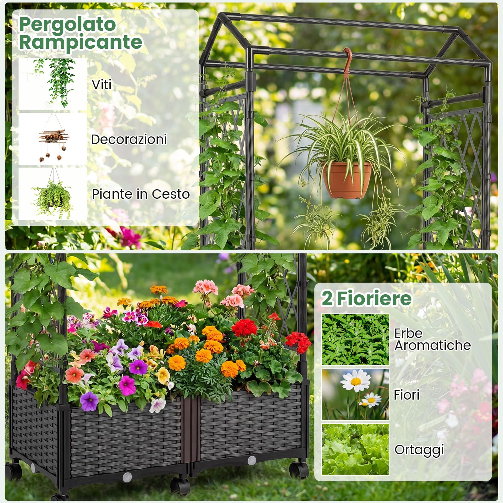 COSTWAY Fioriera Rialzata da Giardino con Grigliato, Tetto, Ruote Bloccabili e Irrigazione Automatica, Letto da Giardino Rialzato Alto in Rattan Impermeabile per Piante Rampicanti (Grigio)