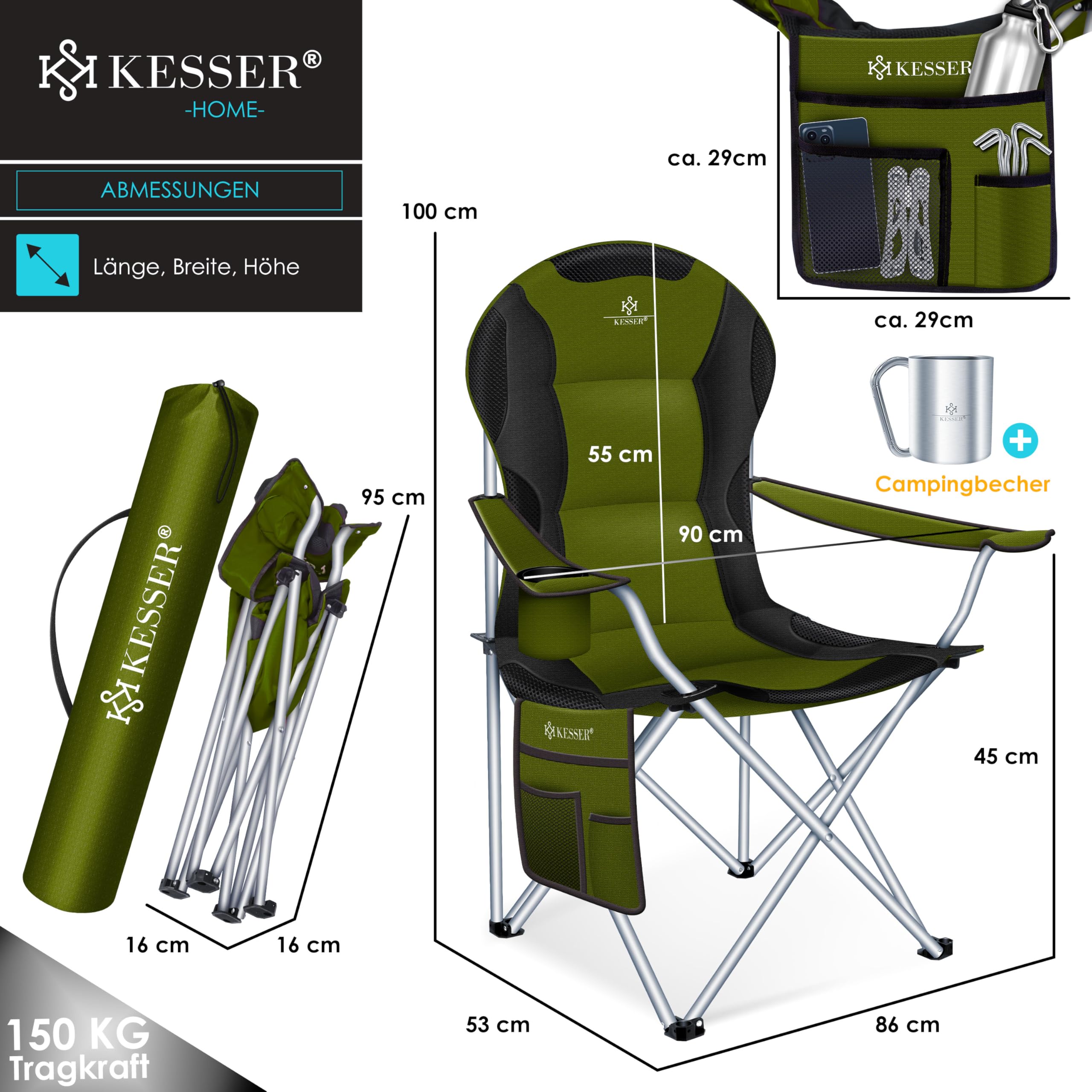 Chaise Camping Pliable à Bascule KESSER Jusqu'à 160kg - Fauteuil Pêche Plage Avec Lumière LED Et Porte-Gobelet