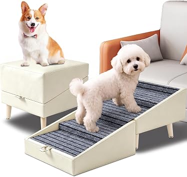 Dog Ramp for Couch Sofa and Low Bed, 13.5"H 2-in-1 Foldable Split Ottoman&Steps, Non-Slip Wooden Pet Stairs for Small Senior Injured Dogs & Cats