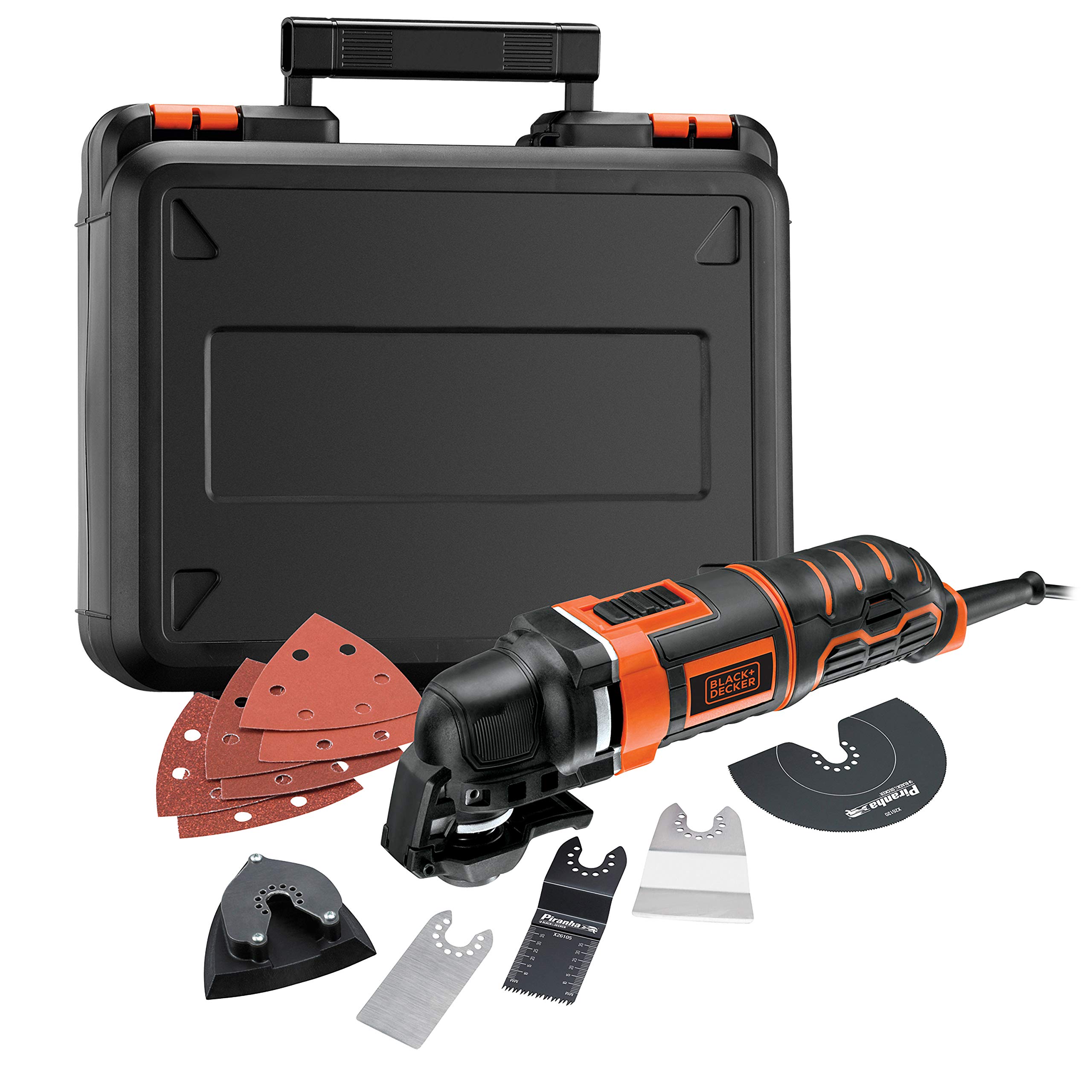 BLACK+DECKER Outil Multifonctions Oscillatoire Filaire 300W - 22 000 Osc/min - 2,8° - Fixation Rapide Et Sans Outil - Livré En Coffret Avec 11 Accessoires : Sciage - Ponçage Et Raclage - MT300KA-QS