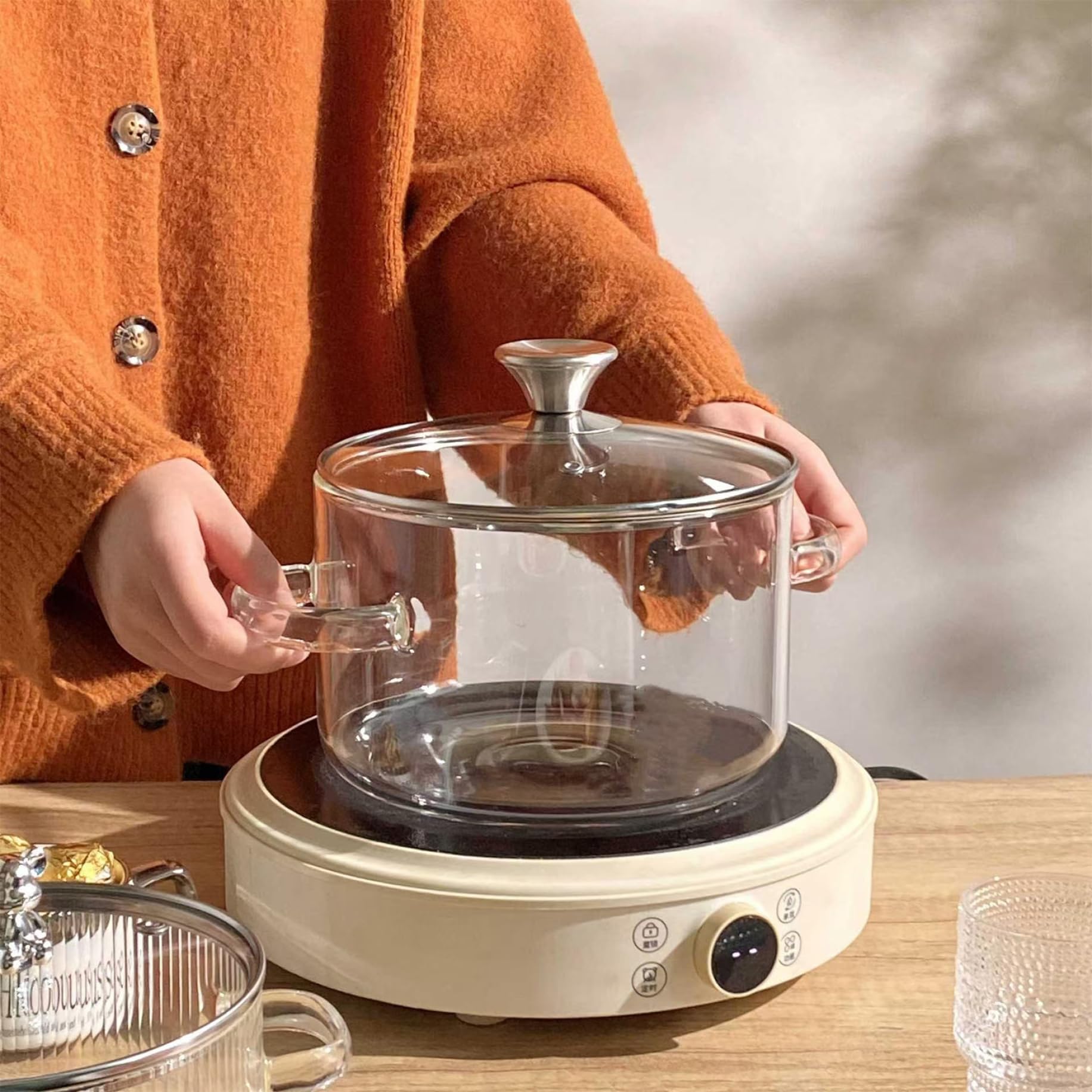 Pentole in vetro per cucinare sul fornello, pentola in vetro trasparente per cuocere a fuoco lento, pentole grandi da 3, 5 litri, pentola sicura borosilicato con manici antiscottatura a doppio orec