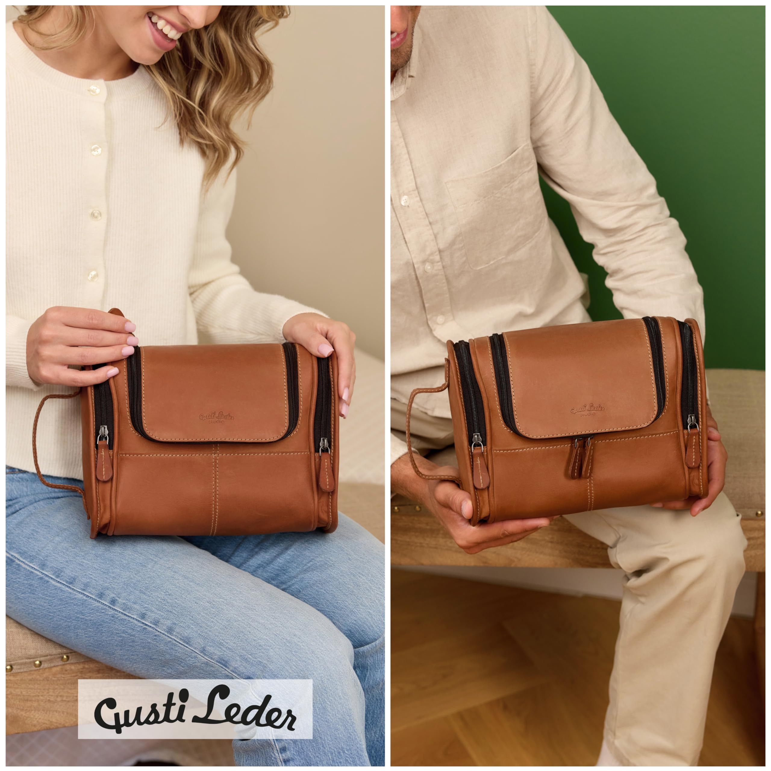 Gusti Trousse Chester de Toilette Trousse à Maquillage Marron Cuir