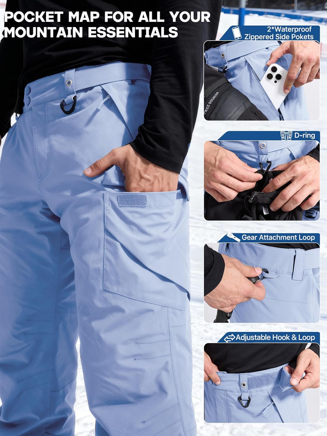 FREE SOLDIER Men's Waterproof Snow Insulated Pants Winter Skiing Snowboarding Pants with Zipper Pockets