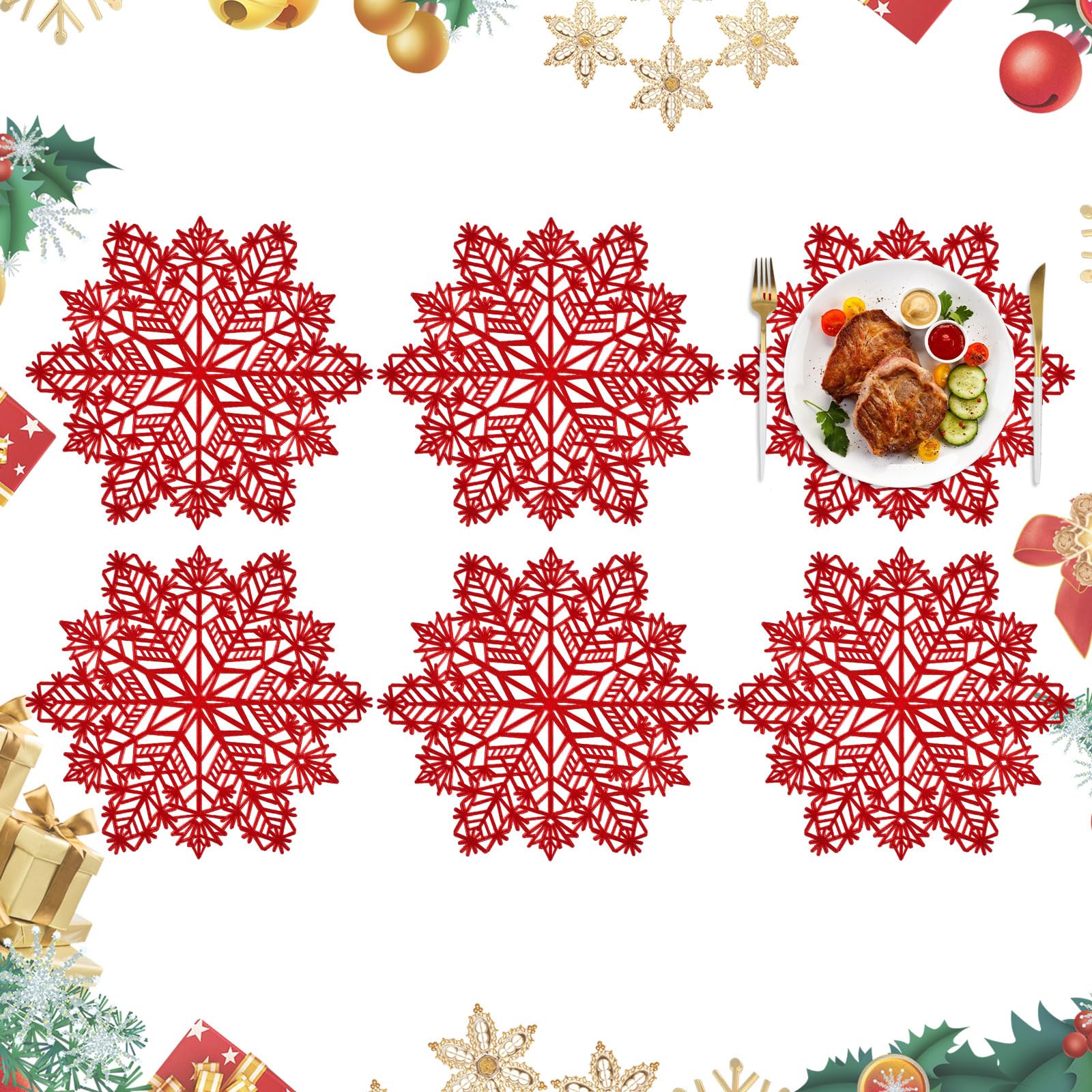 Homcomodar 6PCS Manteles Individuales de Navidad 34cm Rojo Salvamanteles Individuales para Mesa Bajo Platos Posavasos para Navidad Vacaciones Boda Decoración de Cenas