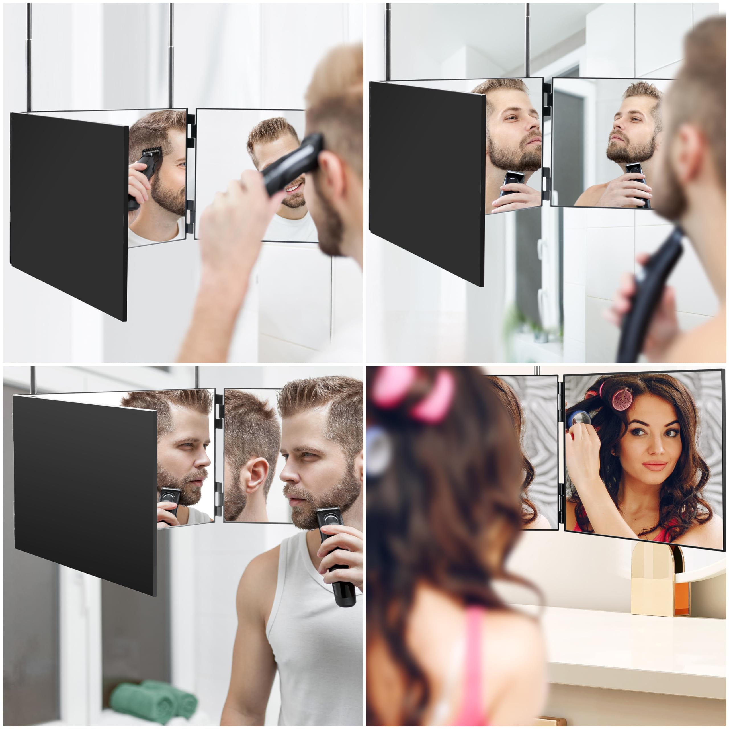 Winter Shore Espejo Cortar Pelo Solo de 3 Vías - Espejo 360 Grados para Peinar, Afeitar la Barba, Secar, Trenzar - Altura Ajustable sobre la Puerta con Ganchos Telescópicos - Espejo de Viaje Compacto