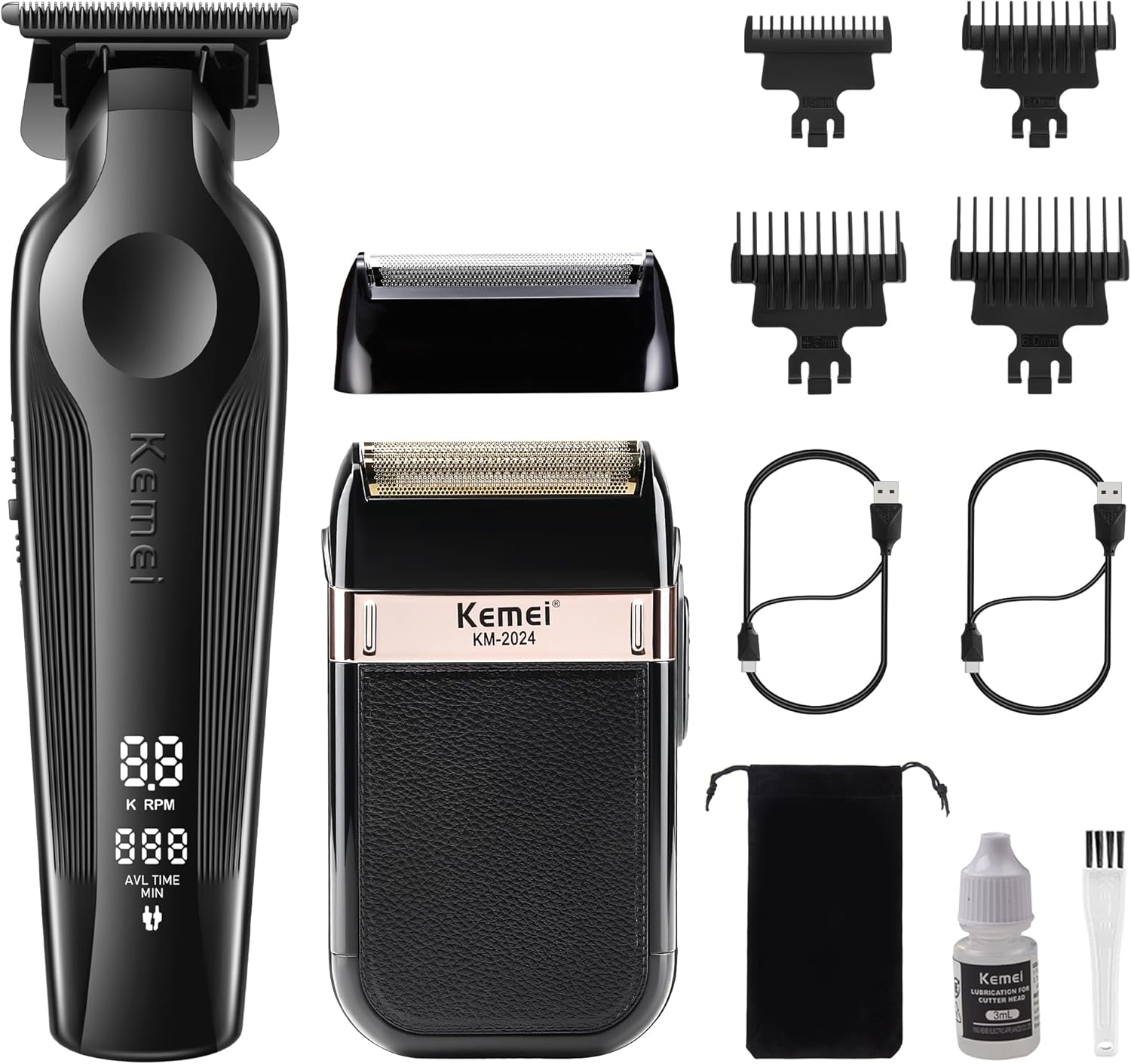 KEMEI Hair Trimmer and Foil Shaver for Men, Cordless Hair Clippers Beard Trimmer with T Blade, Waterproof Razor Shaver, Rechargeable Barber Clippers with LED Display, KM-264 Black, KM-2024