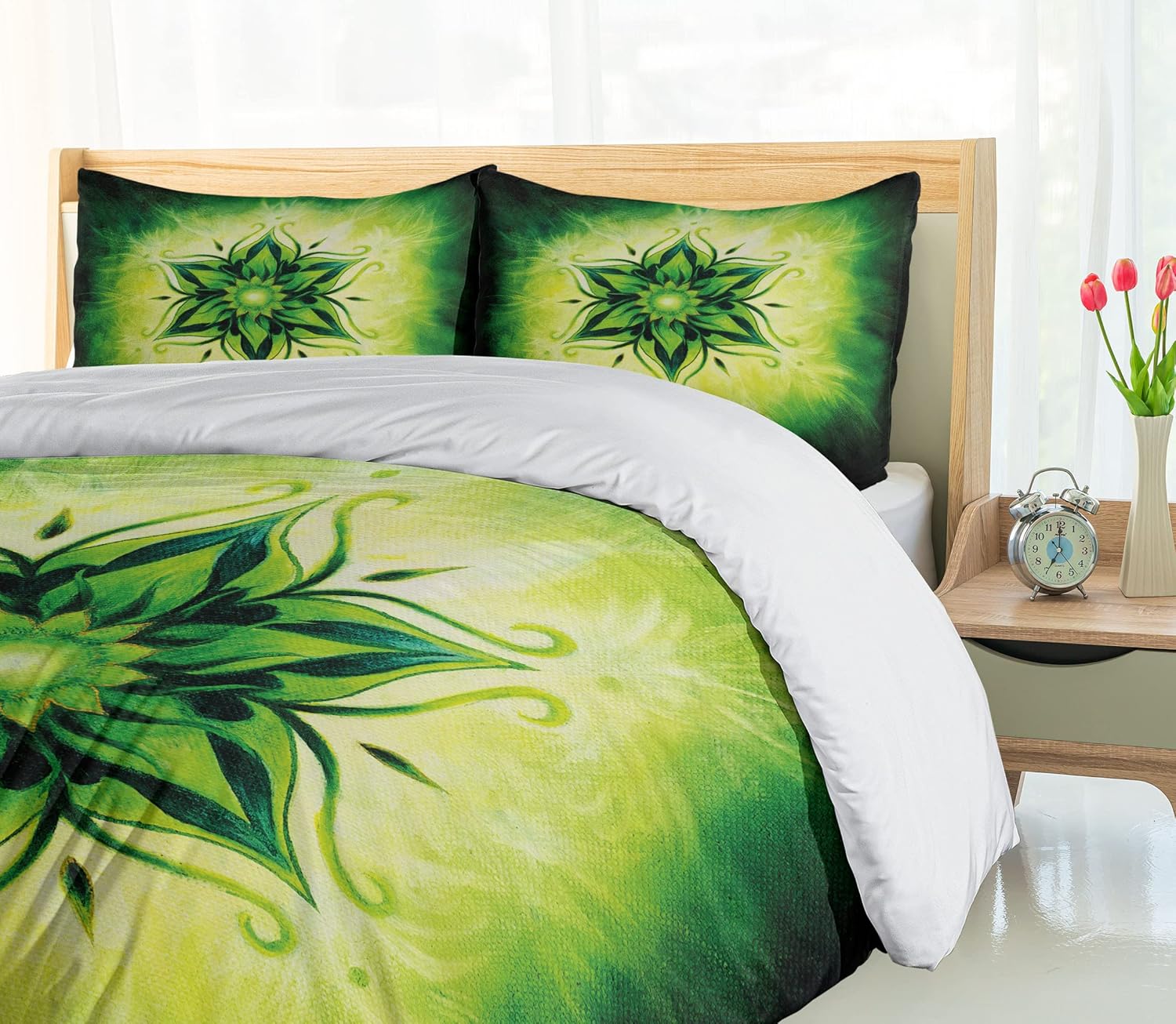 Ambesonne Lotus Duvet Cover Set, Psychedelic Floral Mandala Digital Image, Decorative 2 Piece Bedding Set with 1 Pillow Sham, Twin Size, Emerald Lime Green Twin Emerald Lime Green