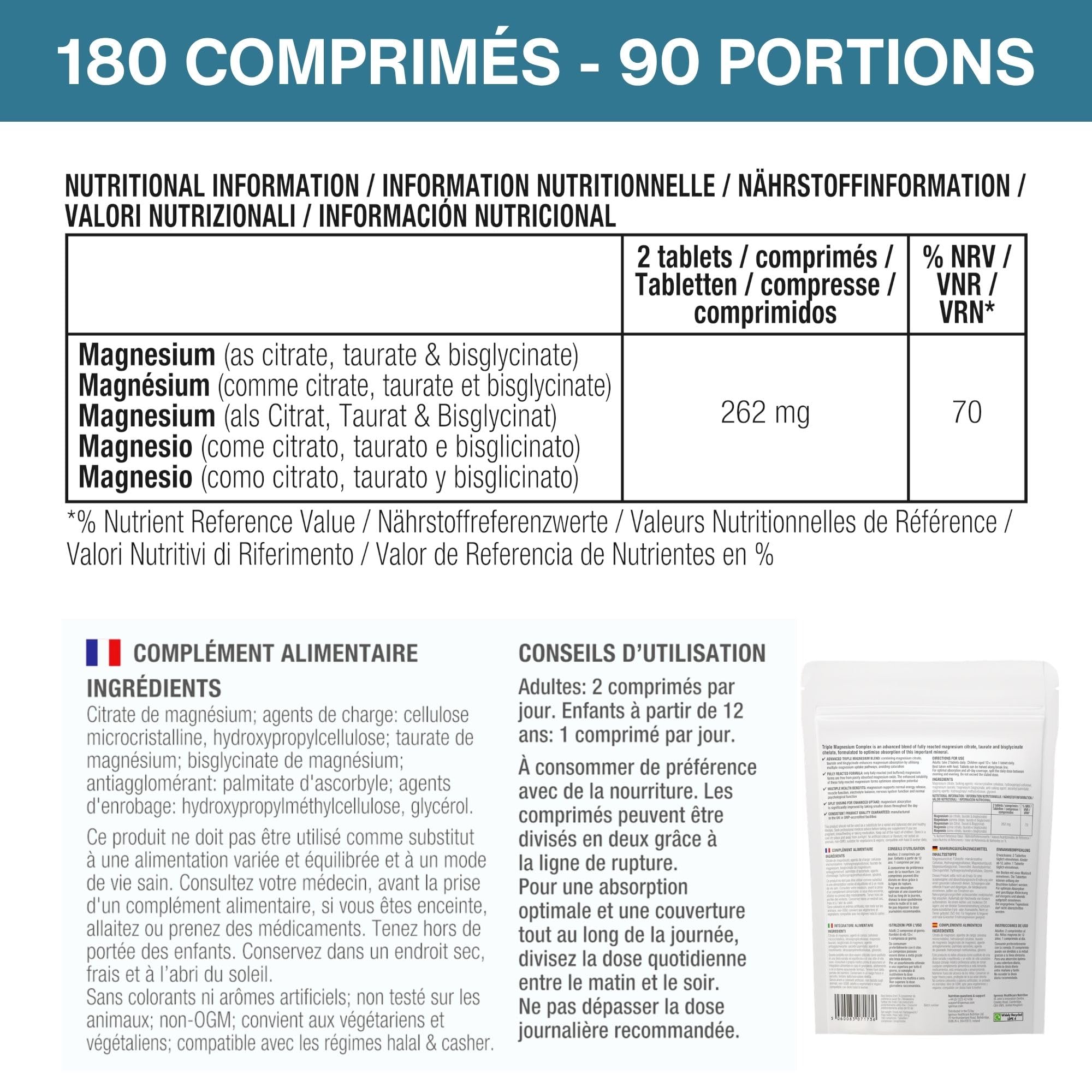 Igennus Chélaté Complexe Triple Magnésium, Bisglycinate, Citrate, Taurate | 262 mg de Magnésium Élémentaire, Prêt à l’Absorption, Entièrement Réagi, Clean Label, Végan, 180 Comprimés