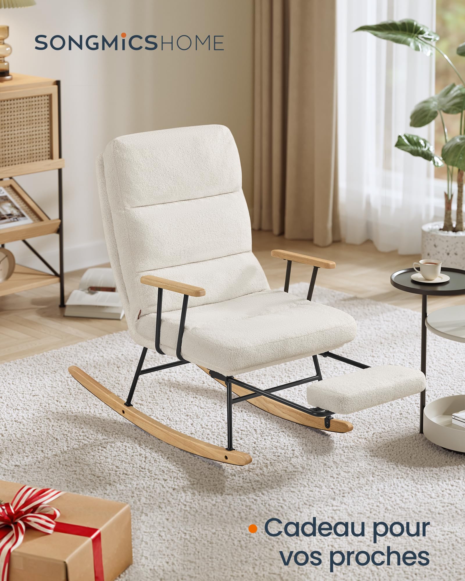 SONGMICS HOME Fauteuil à Bascule, Pieds en Bois d'Hévéa, Tissu Peluche, Chaise à Bascule, Dossier Réglable sur 4 Positions, Supporte jusqu'à 160 kg, pour Chambre, Salon, Blanc Crème LYY016W01