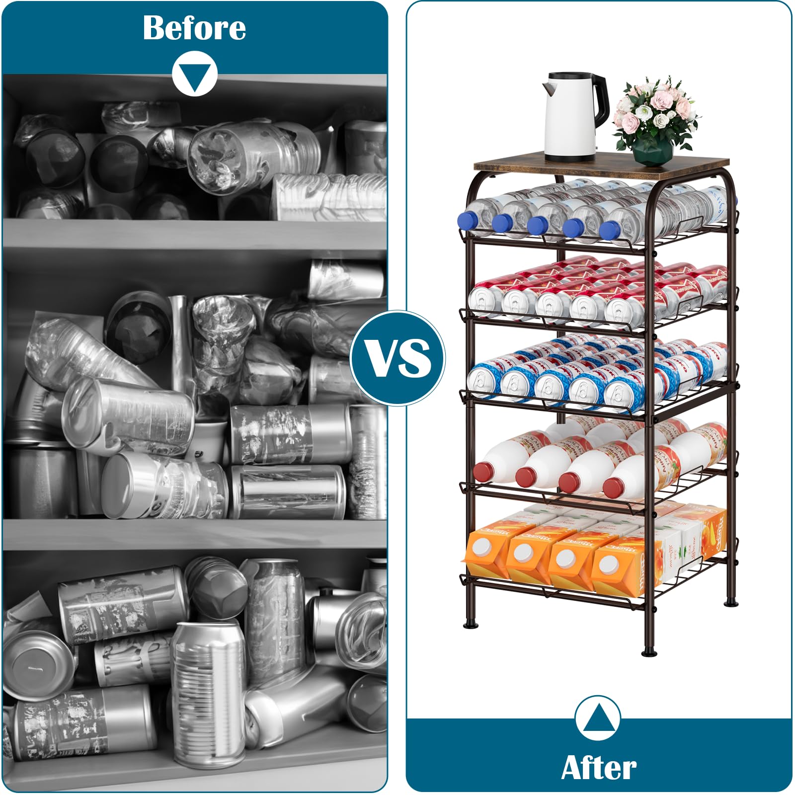 Organizador de botellas de agua de 5 niveles, soporte para botellas de agua, estante de almacenamiento de agua embotellada de gran capacidad, estante de metal para latas de refrescos, bebidas, estante