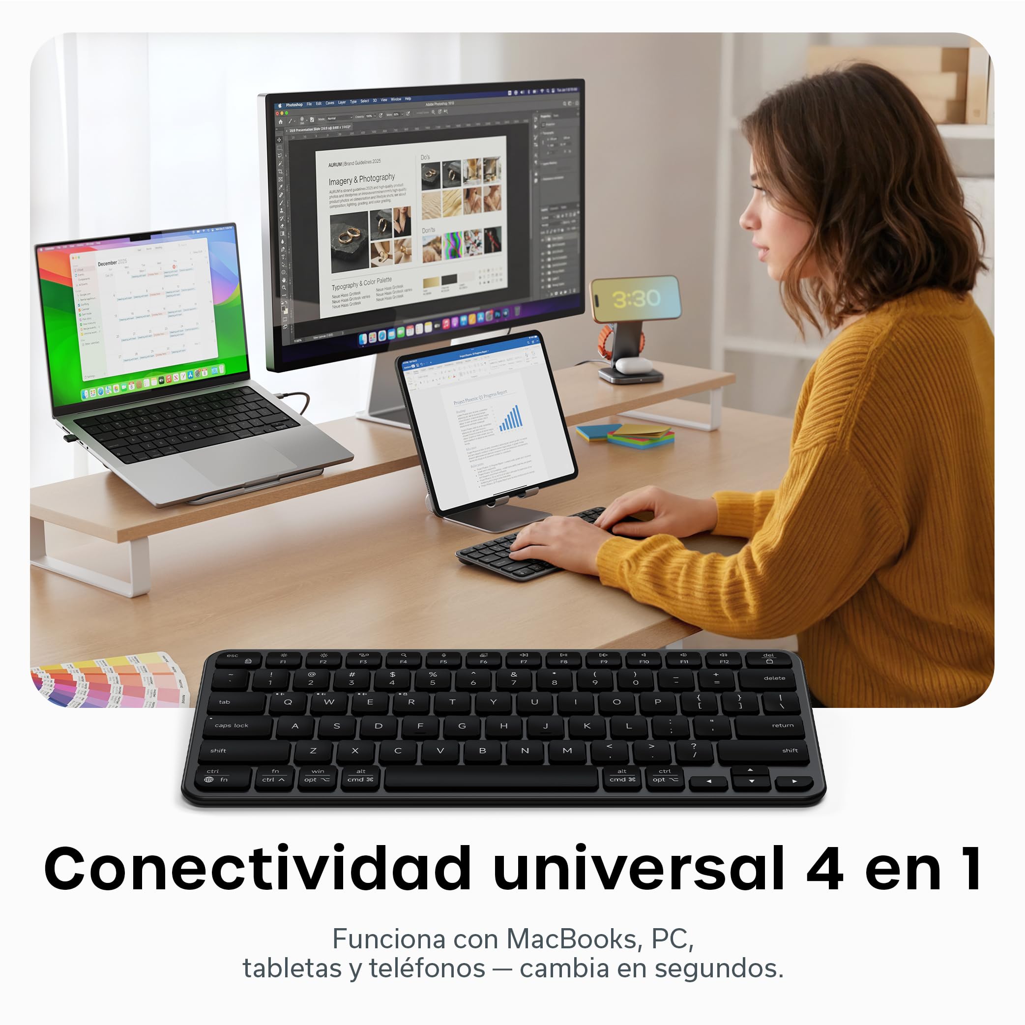 SATECHI Teclado Inalámbrico Slim EX1, Distribución 𝗤𝗪𝗘𝗥𝗧𝗬 𝗨𝗦, Bluetooth Multi-Dispositivo 4 en 1, Conexión 2,4 GHz, Recargable USB-C para Mac, Windows y Android – Negro Espacial