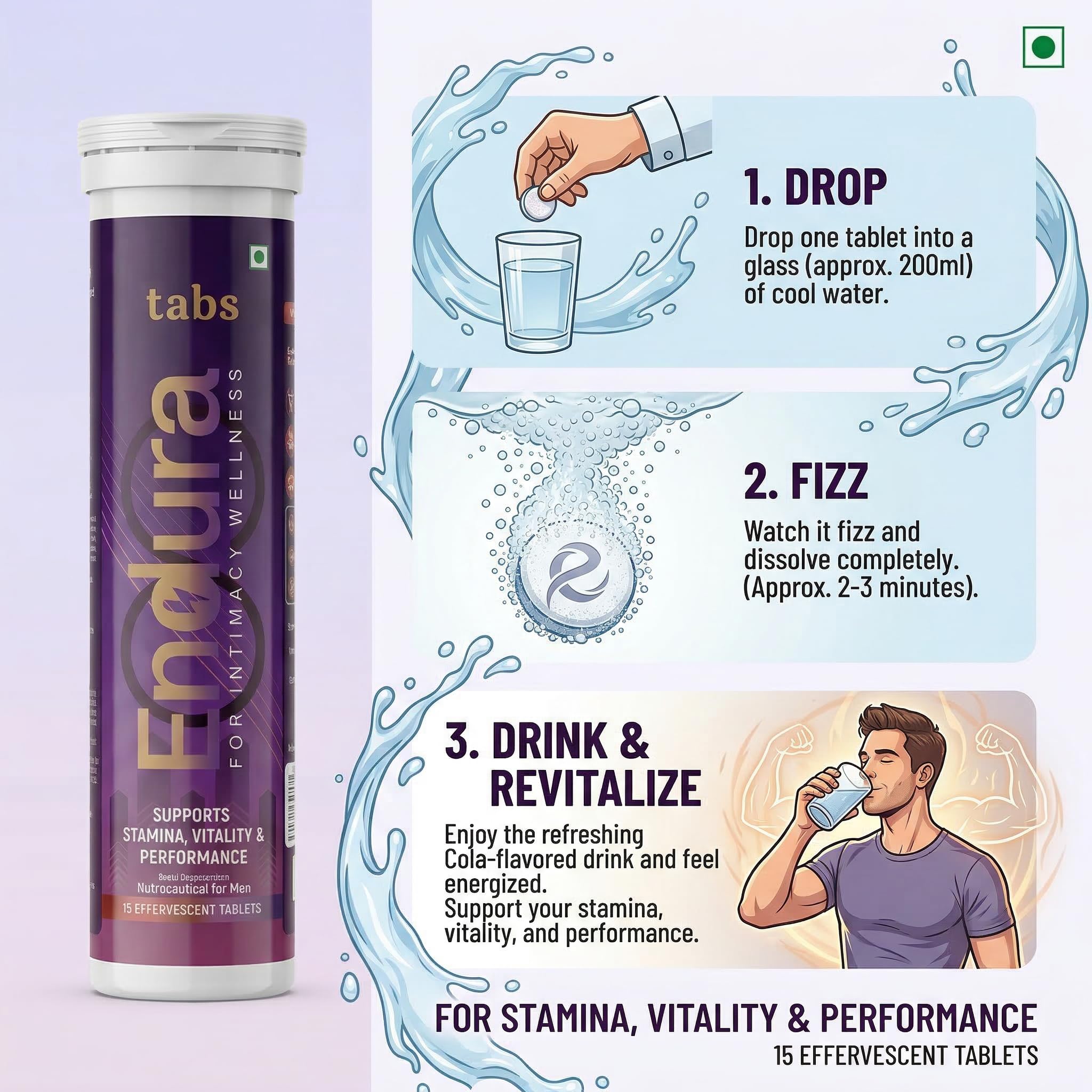 Tabs Endura Effervescent Tablets for Men | Stamina, Vitality & Performance Support | Fast Dissolving Energy Tablets | Portable Tube | Delicious Flavour | 15 Effervescent Tablets — Amazon image 3