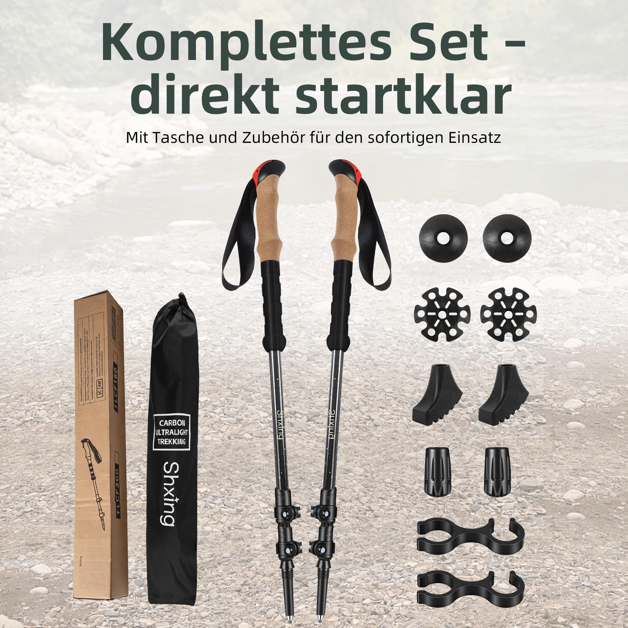 Teleskop-Wanderstöcke Carbon 2er Set, 200 g pro Stock, Schwarz | 62–135 cm verstellbar, Korkgriff mit EVA, Alu-Verschluss, Tasche & 10 Zubehörteile, für Wandern & Trekking