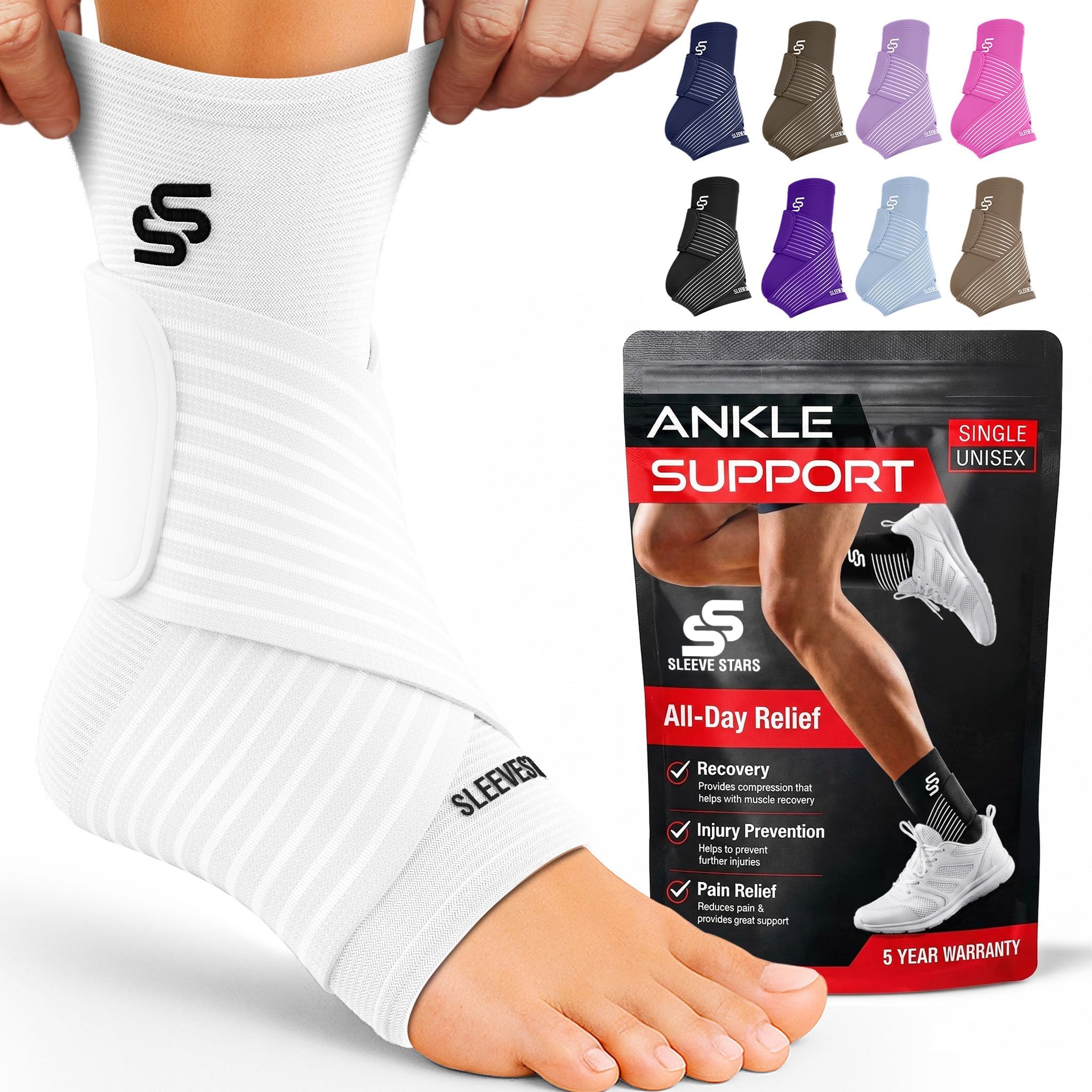 Sleeve Stars Ankle Brace for Women & Men, Ankle Wrap for Sprain, Compression Sleeve for Plantar Fasciitis Relief, Easy Customizable Support: w/Removable Strap (Single/M:10"-12"/White)