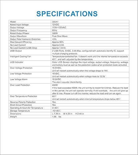 Miniatura 8 de Folkma Inversor de corriente de onda sinusoidal pura de 300 W CC 12 V a 110 V CA con cargador USB para coche, camión, RV