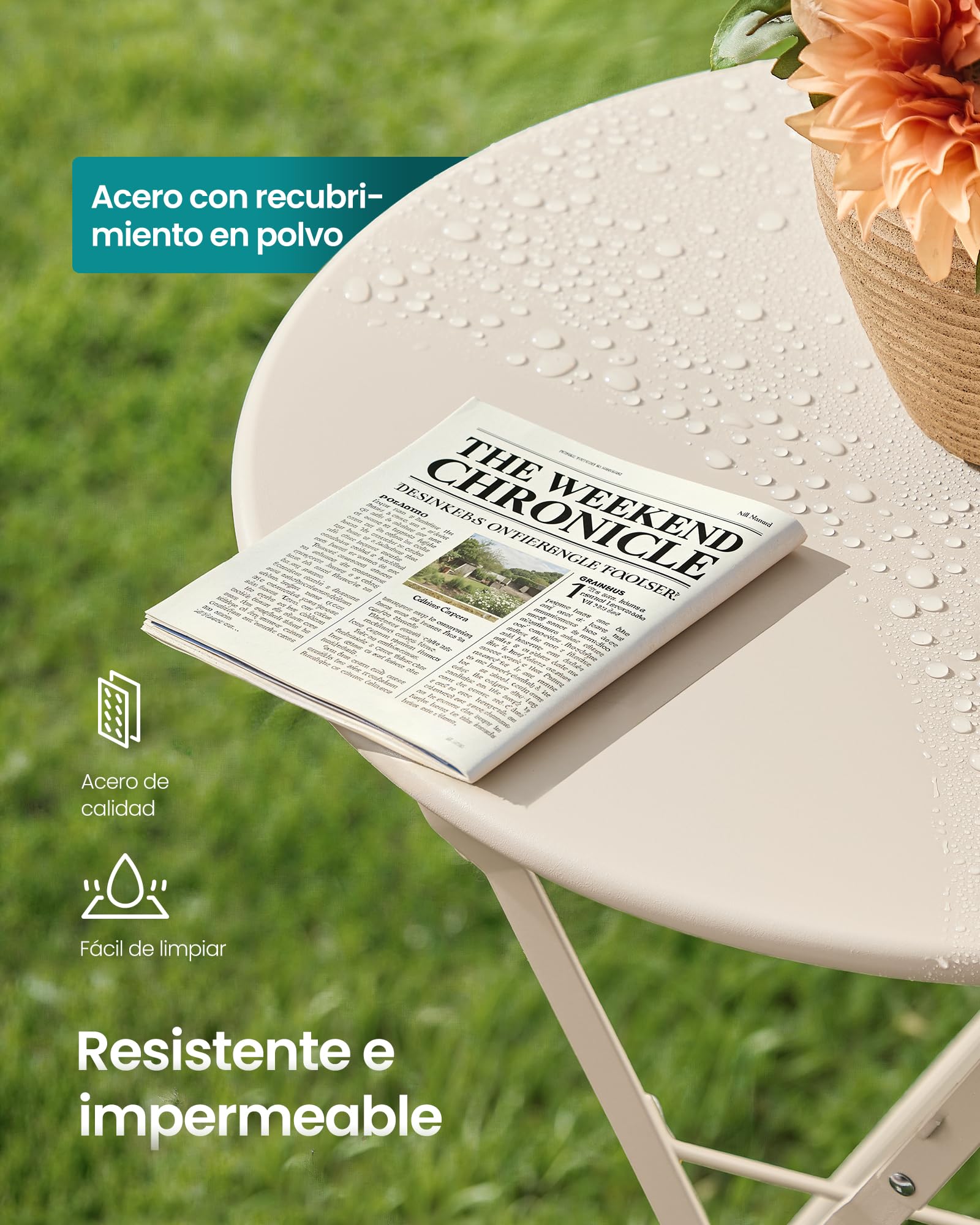 SONGMICS Juego de Jardín de Exterior, 3 Piezas, 2 Sillas y 1 Mesa, Plegable, Salón de Exterior, Acero, Resistente a la Intemperie, para Balcón, Terraza, Beige Capuchino GGF036LZ01 - 4