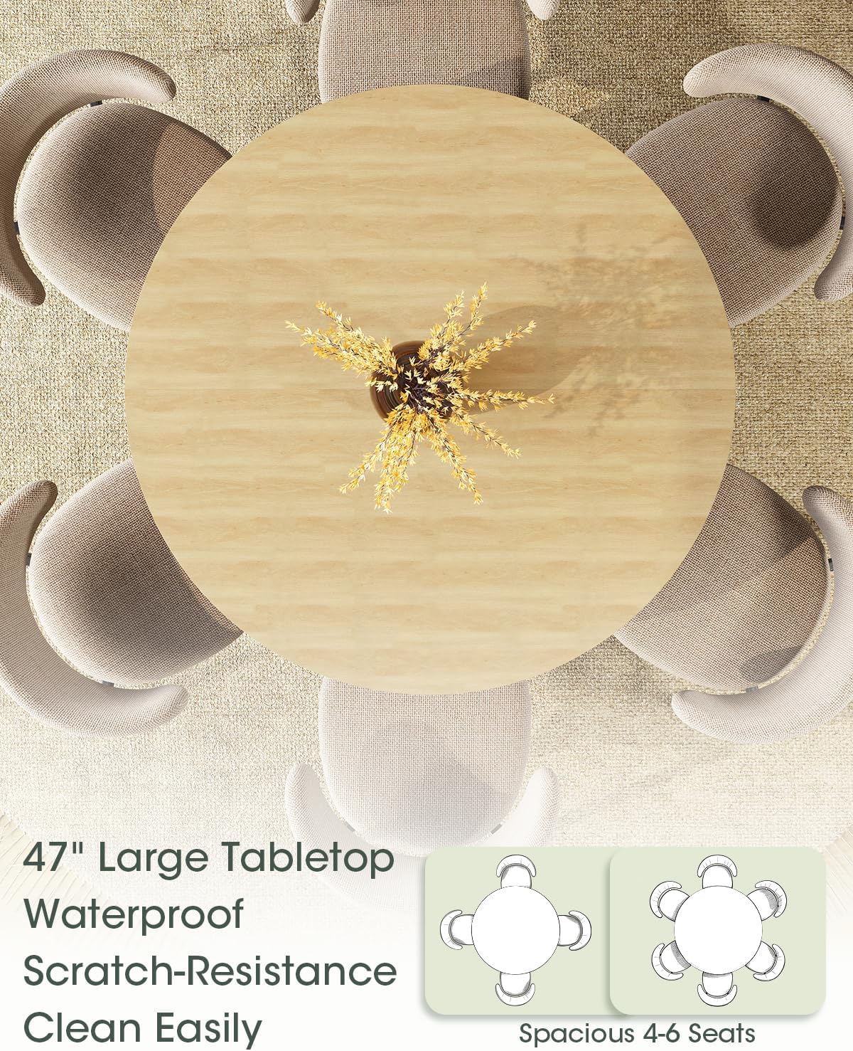 LINLUX 47-inch Round Dining Table with Storage, Modern Fluted Design Side Shelf for Dining Room, Kitchen, Perfect for 4-6 People (Natural Wood)