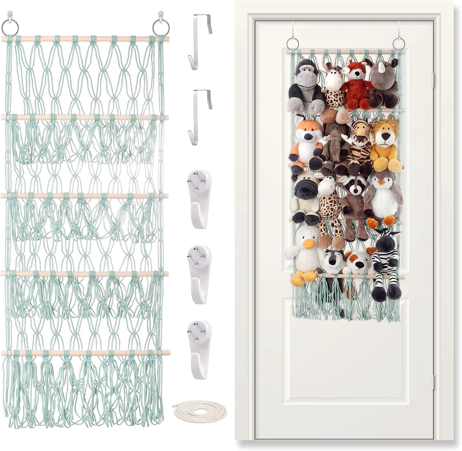 Stuffed Animal Net or Hammock Large Plushie Net Corner with 4 Layers Macrame Boho Toy Hammock Net Stuffed Animals Holder Hanging for Small Toy Storage Toddler Kids Room Decor -Green Deep Water Green