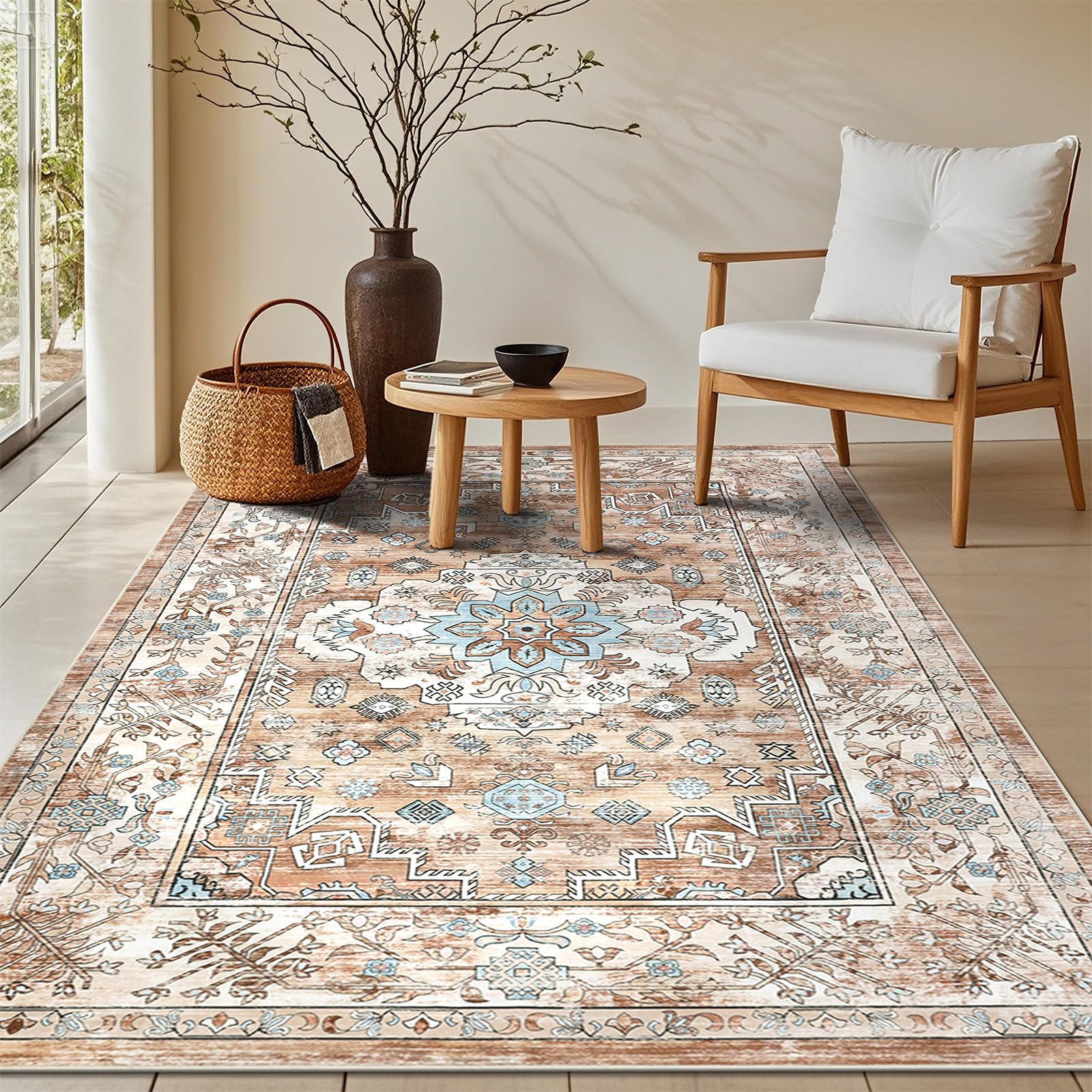 Living Room Rugs 90 x 150 cm, Machine Washable Area Rug Vintage Non Slip Carpet Soft Short Pile Boho Floor Carpet Rug for Bedroom Dining Room Kitchen