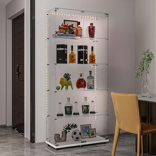Miniatura 78 de Vitrina de cristal con 4 estantes con tira de luces LED y cerradura, vitrina de vitrina con ruedas y 1 puerta, vitrina de vidrio templado para sala