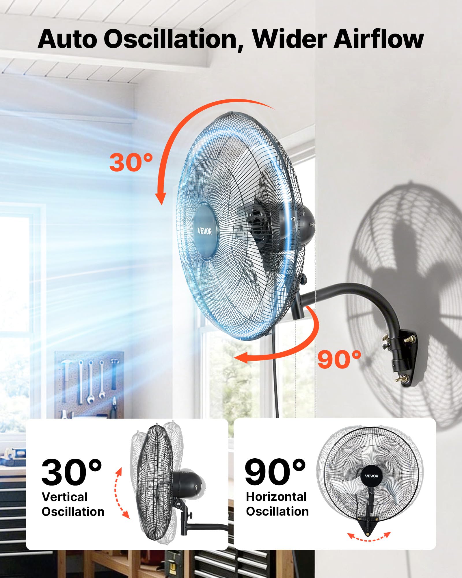 VEVOR Ventilateur Mural Industriel 50 cm, Ventilateur Oscillant pour Atelier, Garage, Entrepôt et Salle de Sport, 3 Vitesses, Oscillation Automatique, Angle Réglable, Pales en Alu, Grille en Acier
