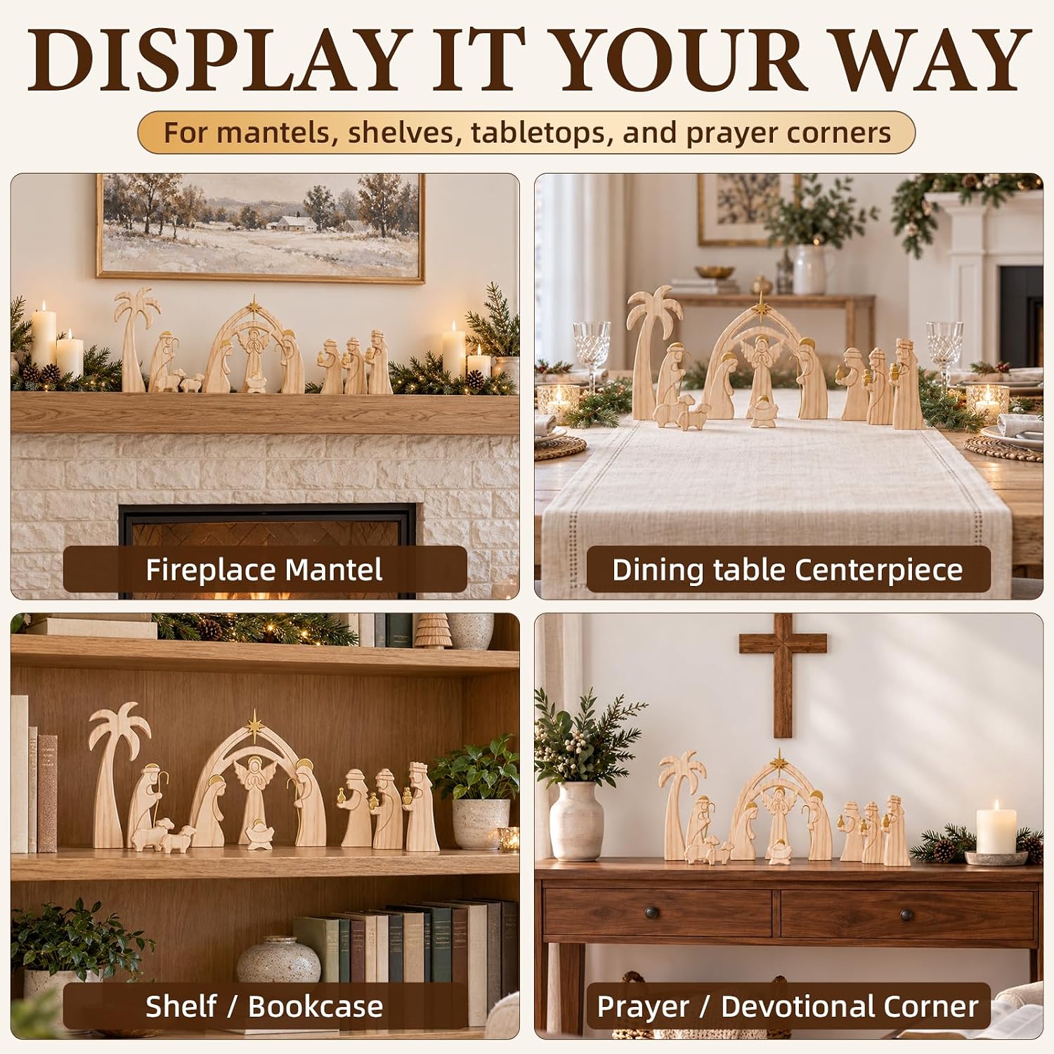 Purefun Wooden Nativity Set - Christmas Nativity Scene with Holy Family Figurines, Natural Wood Manger Scene for Christmas Decor, Indoor Mantel Display and Meaningful Christian