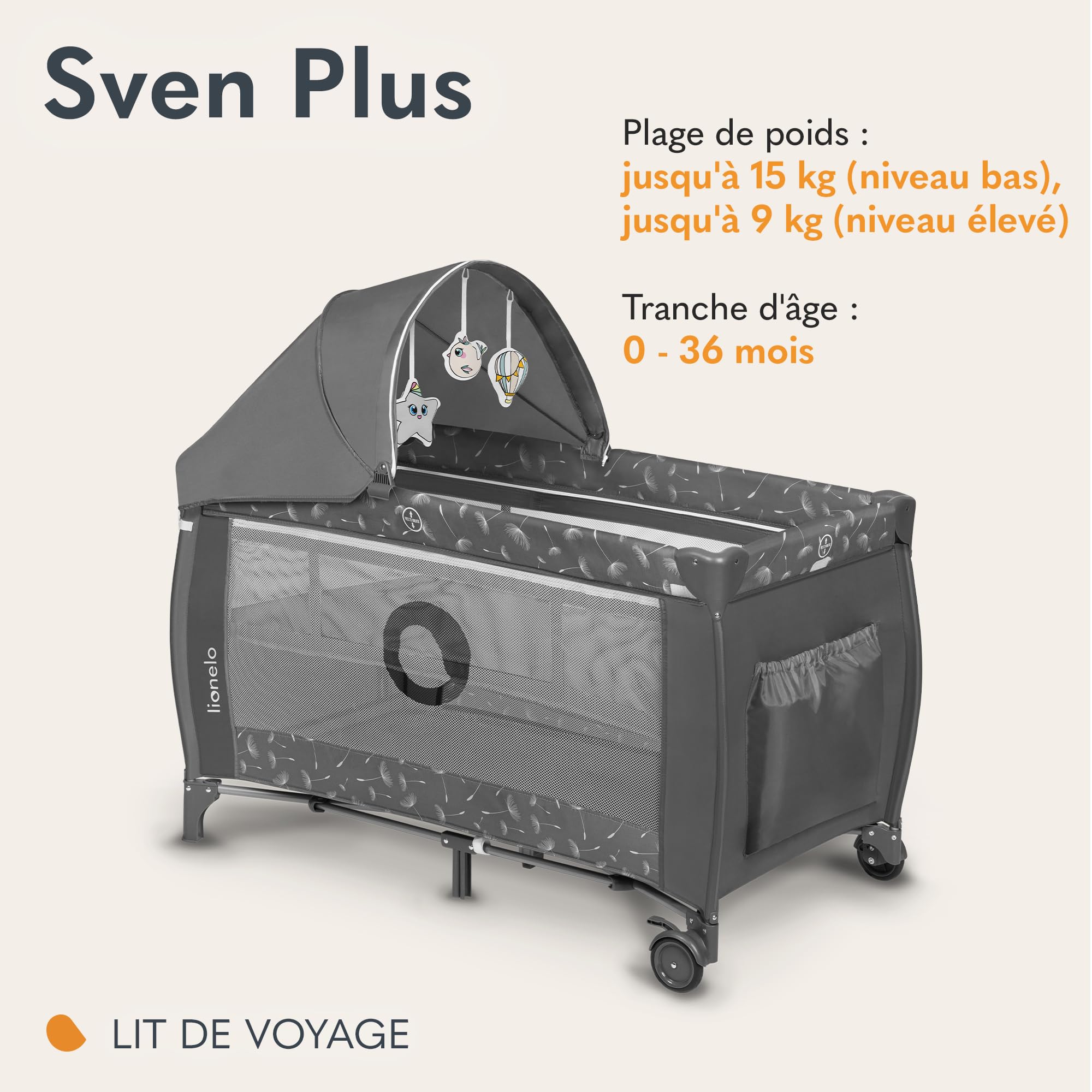 lionelo Sven Plus boîte 2 en 1 lit bébé, Table à Langer, Jouets, baldaquin Suspendu avec moustiquaire, entrée latérale supplémentaire Rouleaux, Mobiles
