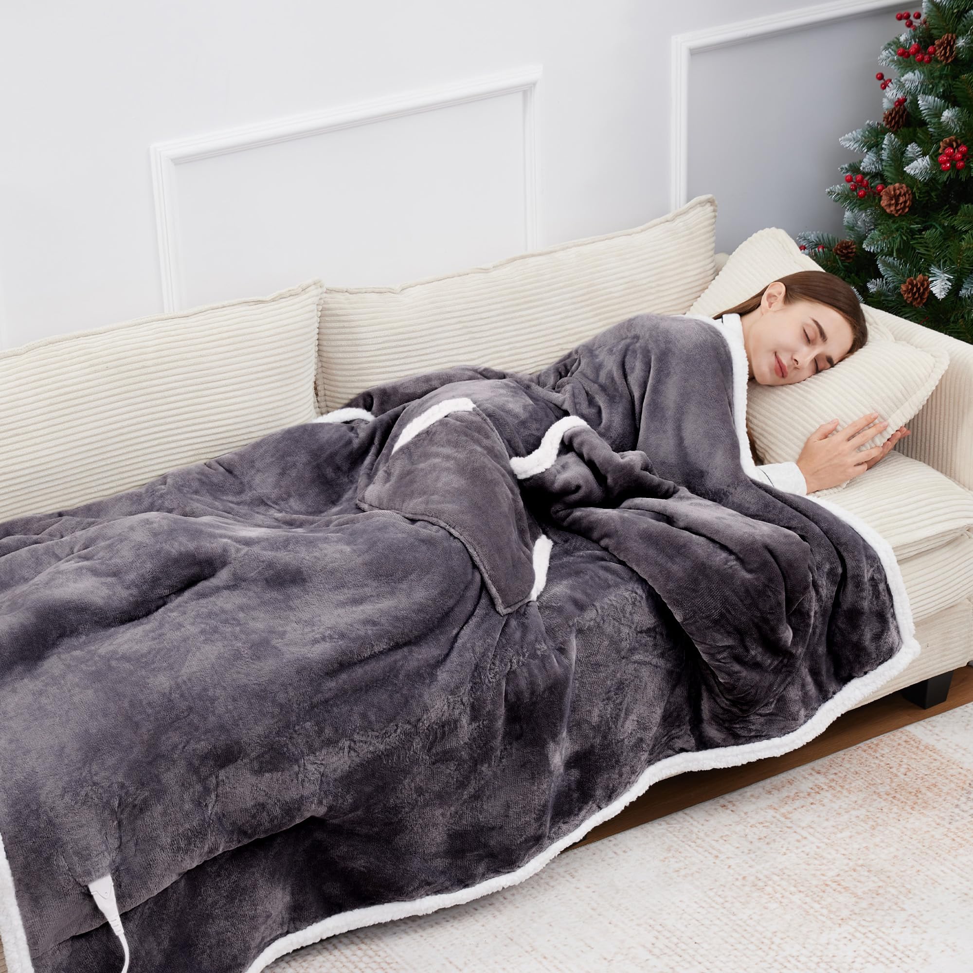 YILOTE Electric Blanket Wearable Throw - Robe with Sleeves and Foot Pockets - 7-Level Heating Auto-Off Blanket for Adults