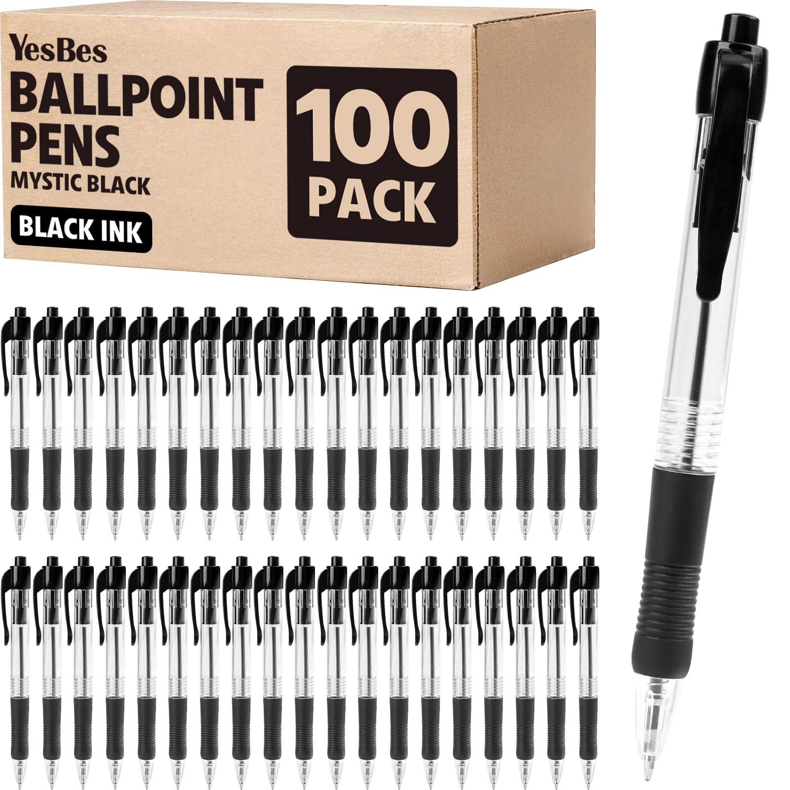 Photo 1 of 100 Pack Ballpoint Pens Bulk, Retractable Black Pens Ballpoint Medium Point 1mm with Super Soft Grip, No Bleed Ink Pens Smooth Writing, School, Office, Teacher Supplies, Best Gifts for Coworkers