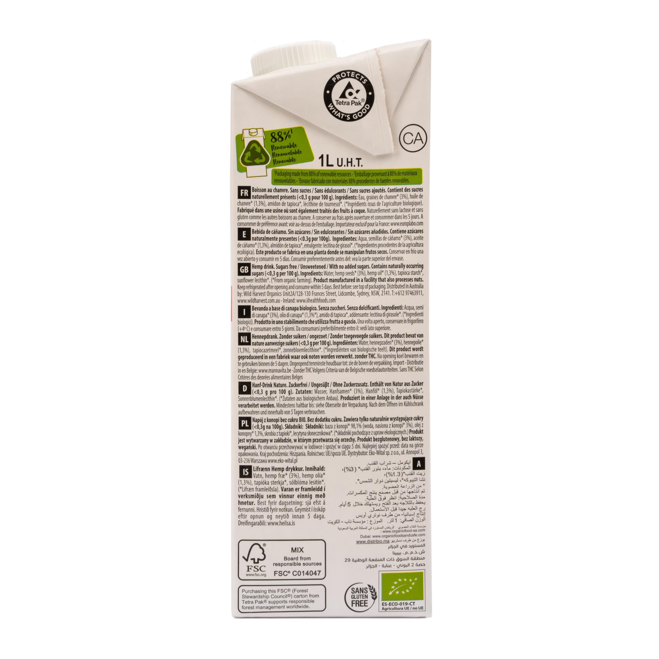Ecomil - Bebida Vegetal de Cáñamo Eco, Pack 6 x 1 Litro, Hemp Nature Bio, Fuente de Omega 3, Sin Azúcares Añadidos, Sin Gluten, Apta para Veganos, Alternativa Saludable a la leche