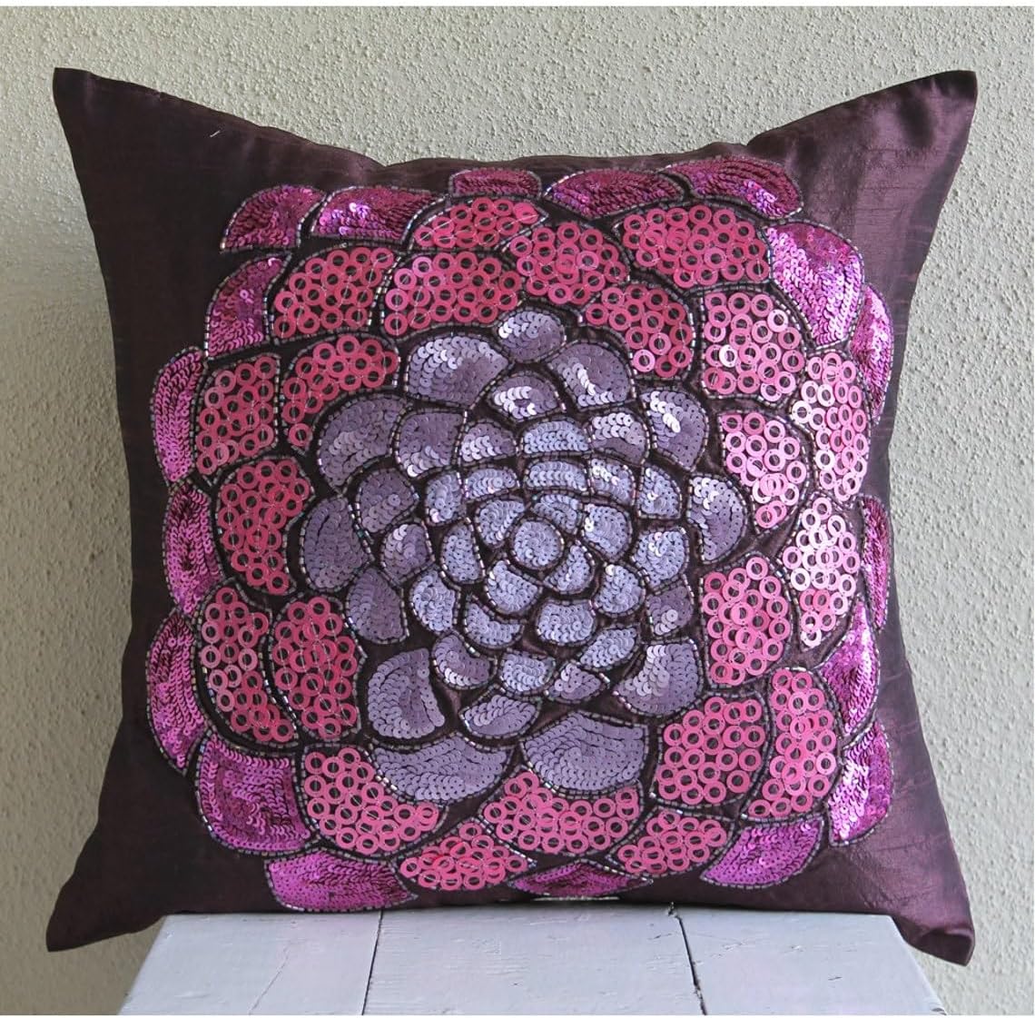 The HomeCentric Throw Pillow Covers, Purple Pillow Cases, Sequins & Beaded Flower Medallion Pillows Cover, Pillow Covers 14x14 inch (35x35 cm) Square Silk Pillows Cover, Floral - Pink Wildflower