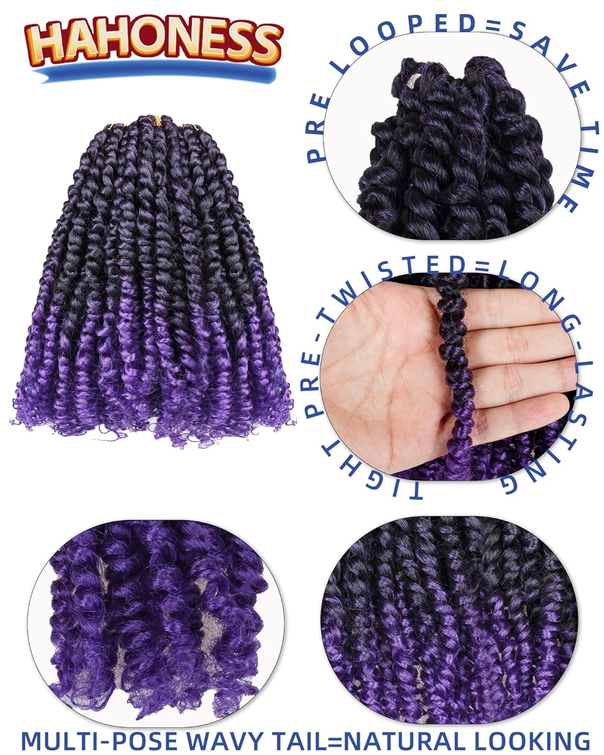 10 Inch 8 Packs Pre Looped Passion Twist Crochet Hair for Black Women and Kids-Ombre Purple,Super Soft Bouncy Synthetic Braided Hair Extensions(10 Inch-8 Packs,T1B/Purple)