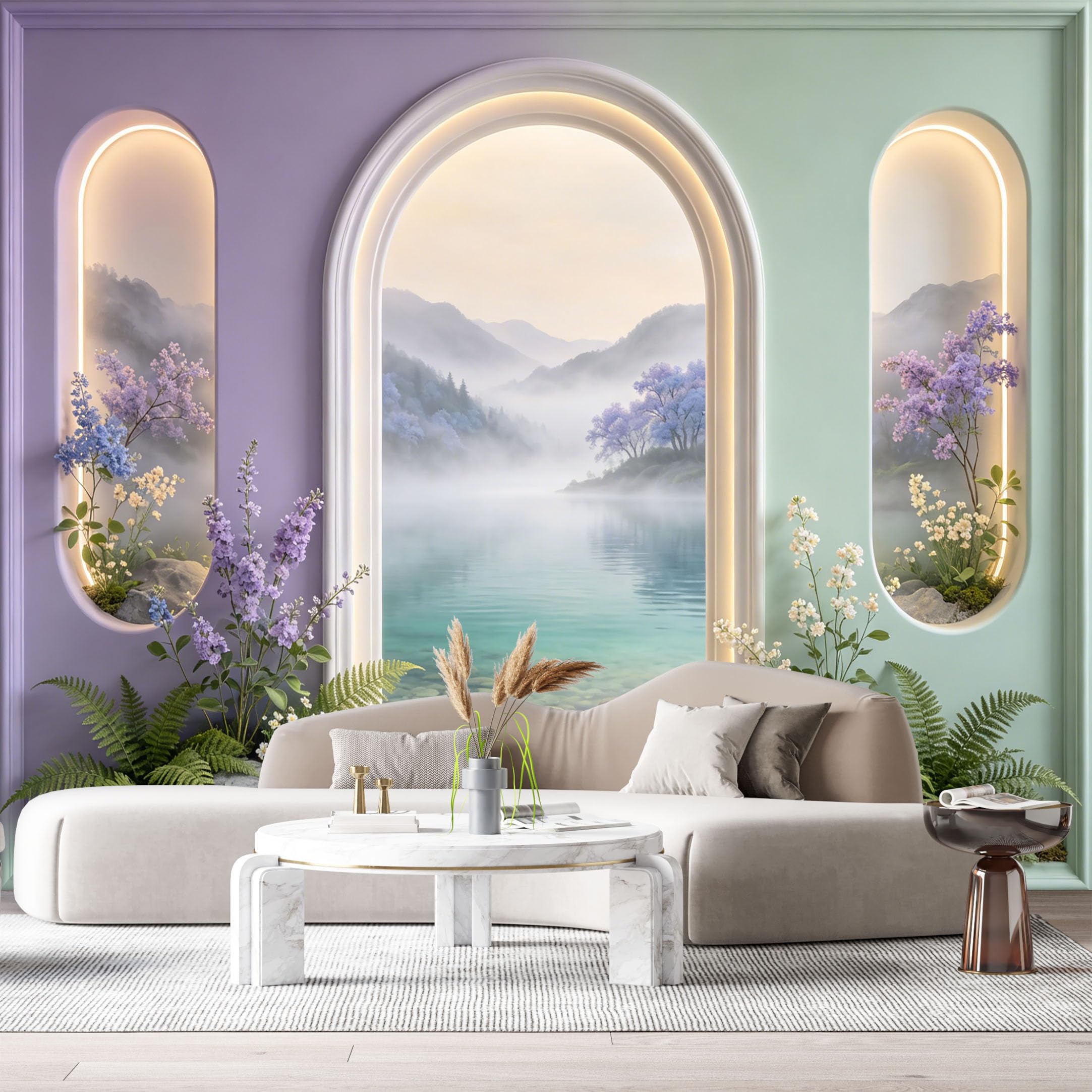 Custom Size Wall Murals Mountain Lake Botanical Mist 3D Trompe L'Oeil SelfAdhesiveWall Fabric Removable Wallpaper Wall Decor for Living Room Bedroom Bathroom