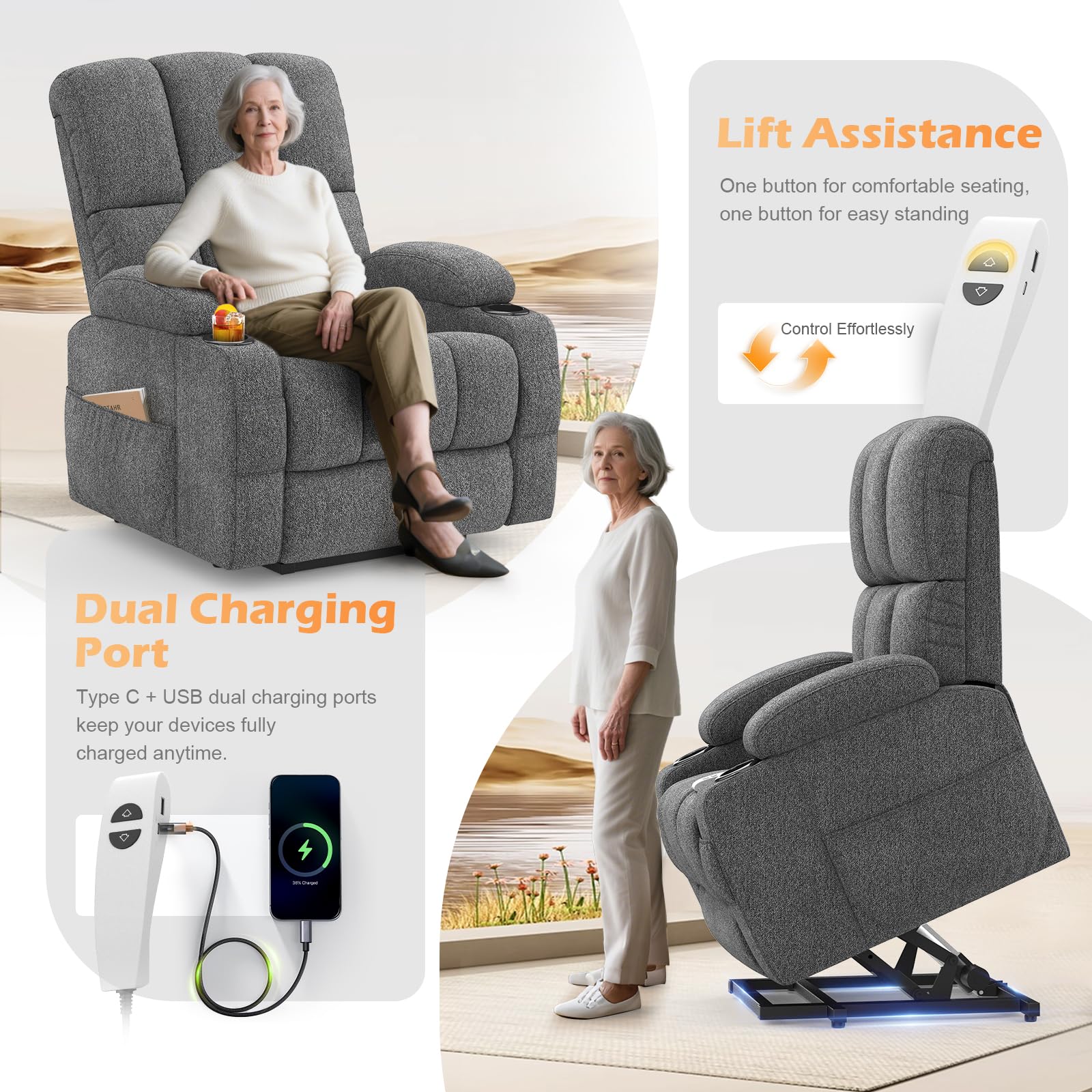 Massagesessel mit Aufstehhilfe, Relaxsessel & Fernsehsessel mit Massage- und Heizfunktion, USB + Typ-C Ladeanschlüsse, 4 Aufbewahrungstaschen & 2 Getränkehaltern, elektrischer Liegesessel für Wohnzimm