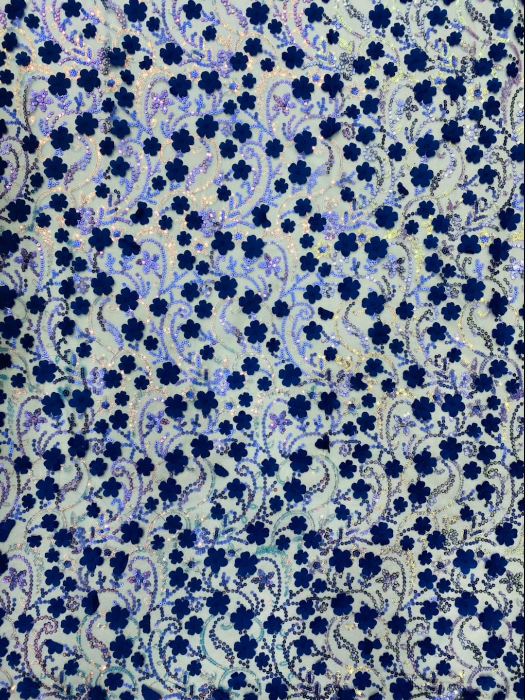 Floral Sequin Embroidered Mesh Lace Fabric with Sheer Base, Delicate Flower Pattern (宝蓝)