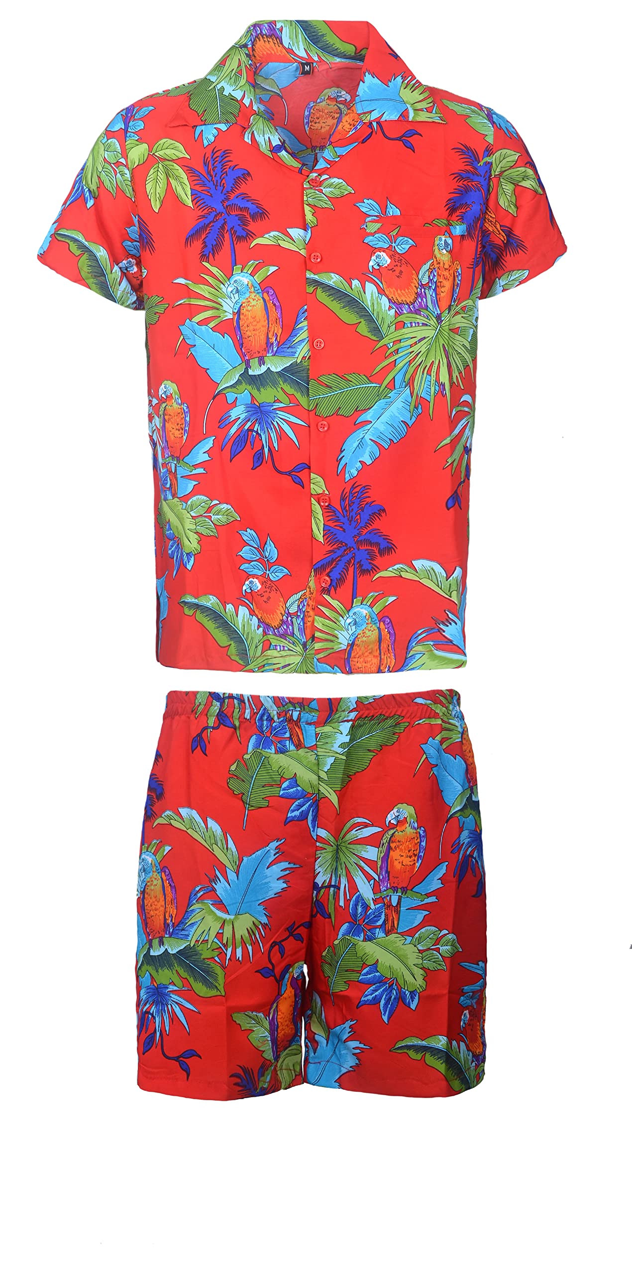 KIKLO Mens Hawaiian STAG Beach Hawaii Aloha Party Summer Holiday Fancy Shirt and Short Set (R PARROT SET, XL)