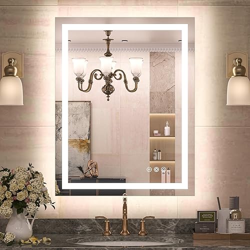 TETOTE Espejo de baño LED con luces de 28 x 36 pulgadas, espejo frontal y retroiluminado para tocador, antiniebla, sin escalones, regulable, 3