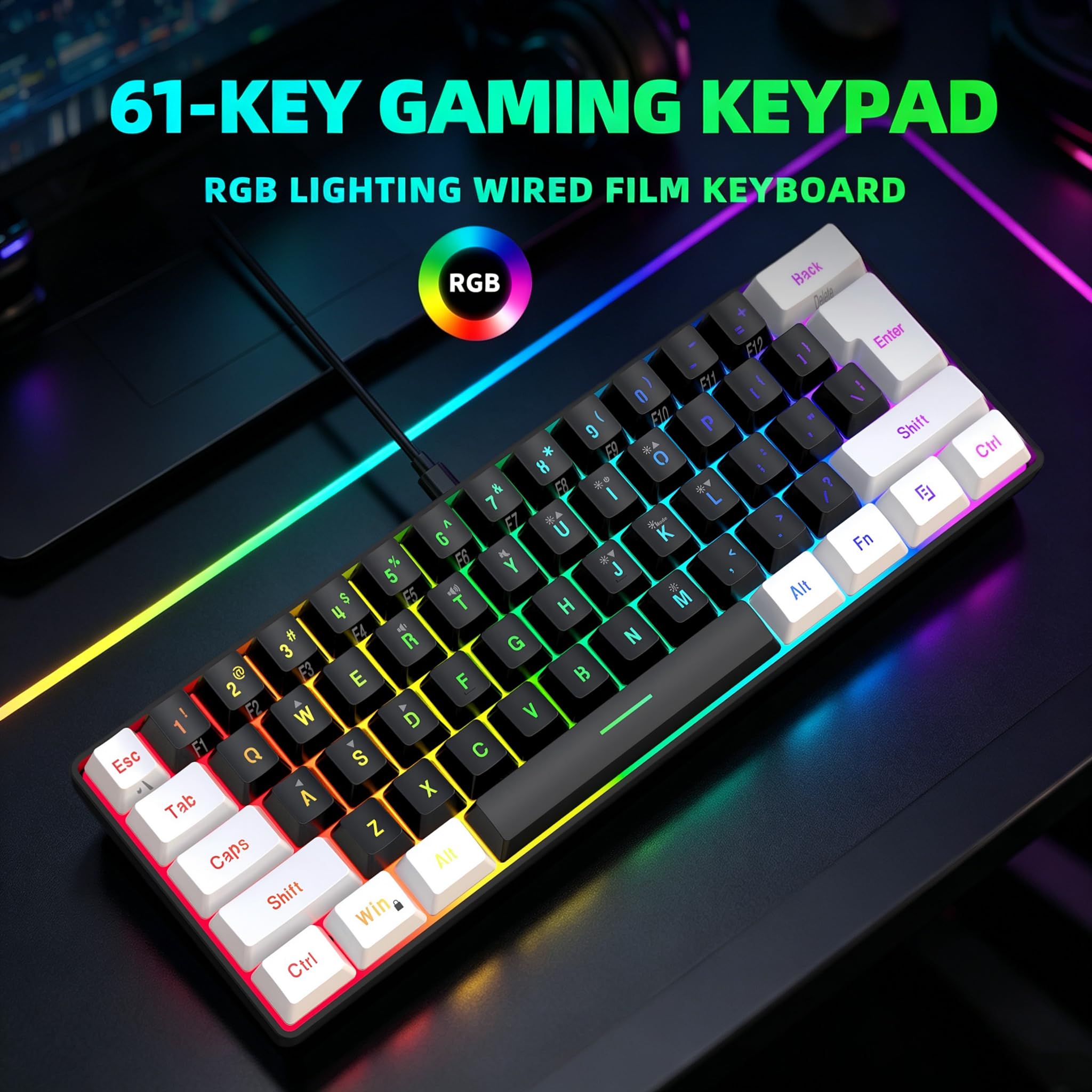 Snpurdiri Teclado para Juegos con Cable al 60%, Teclado para Juegos de Membrana retroiluminada RGB pequeño, Ultra Compacto, Mini Teclado Impermeable para PC, computadora, Jugador, Blanco y Negro | Teclado retroiluminado de membrana pequeña para juegos de