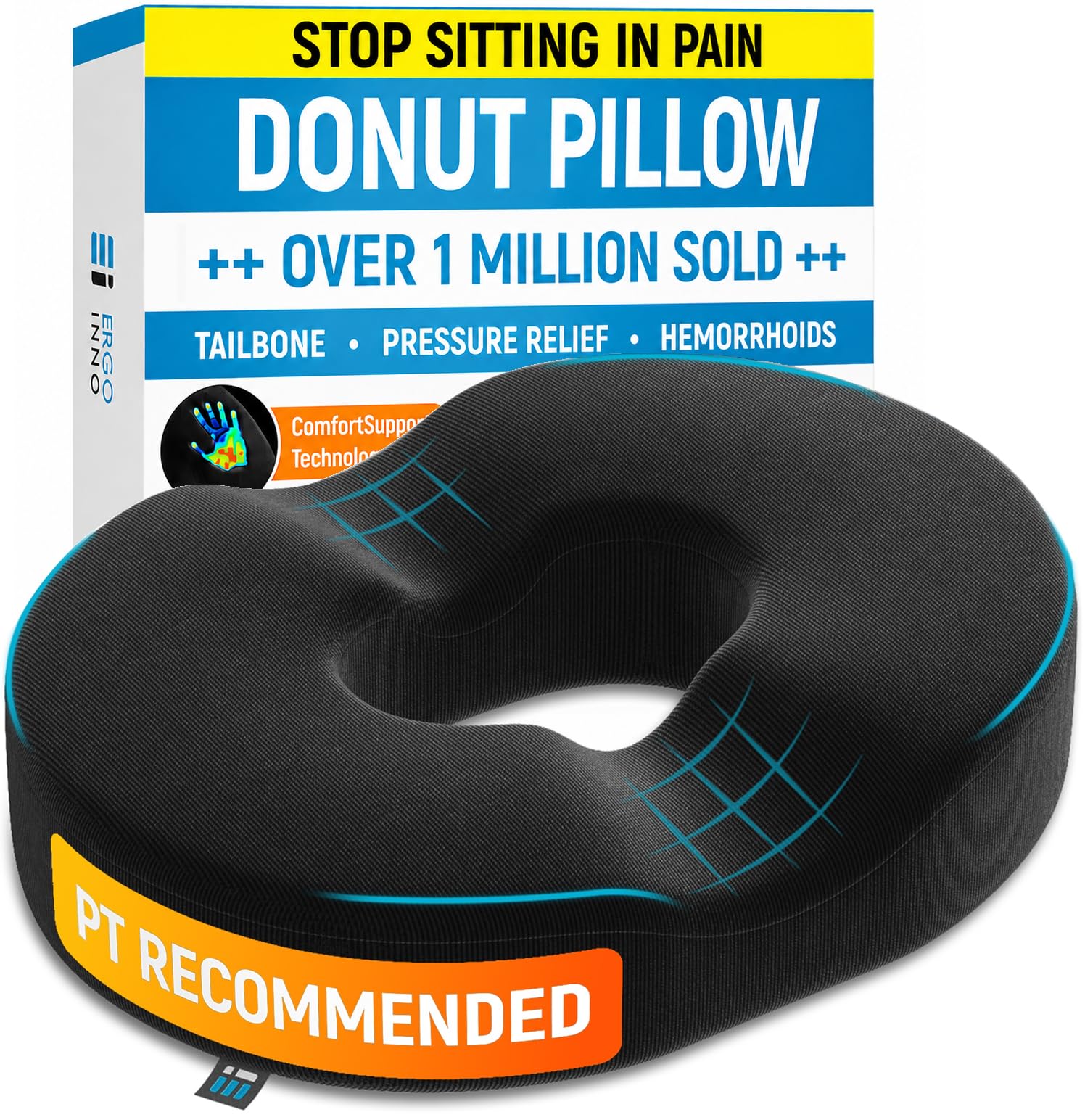 Photo 1 of PT ENDORSED Donut Pillow for Tailbone Pain Relief Cushion - Coccyx & Hemorrhoid Pillow for Sitting - Donut Seat Cushion for Pressure Relief, Prostate, Postpartum, Pressure Sores, Lifting Cushions