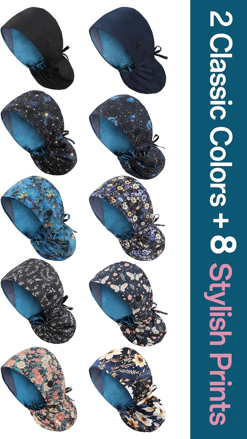 Satin Lined Scrub Cap, Scrub Hat Ponytail Women, Surgical Cap with Buttons & Sweatband, Cotton, Silk Lined - Image 7