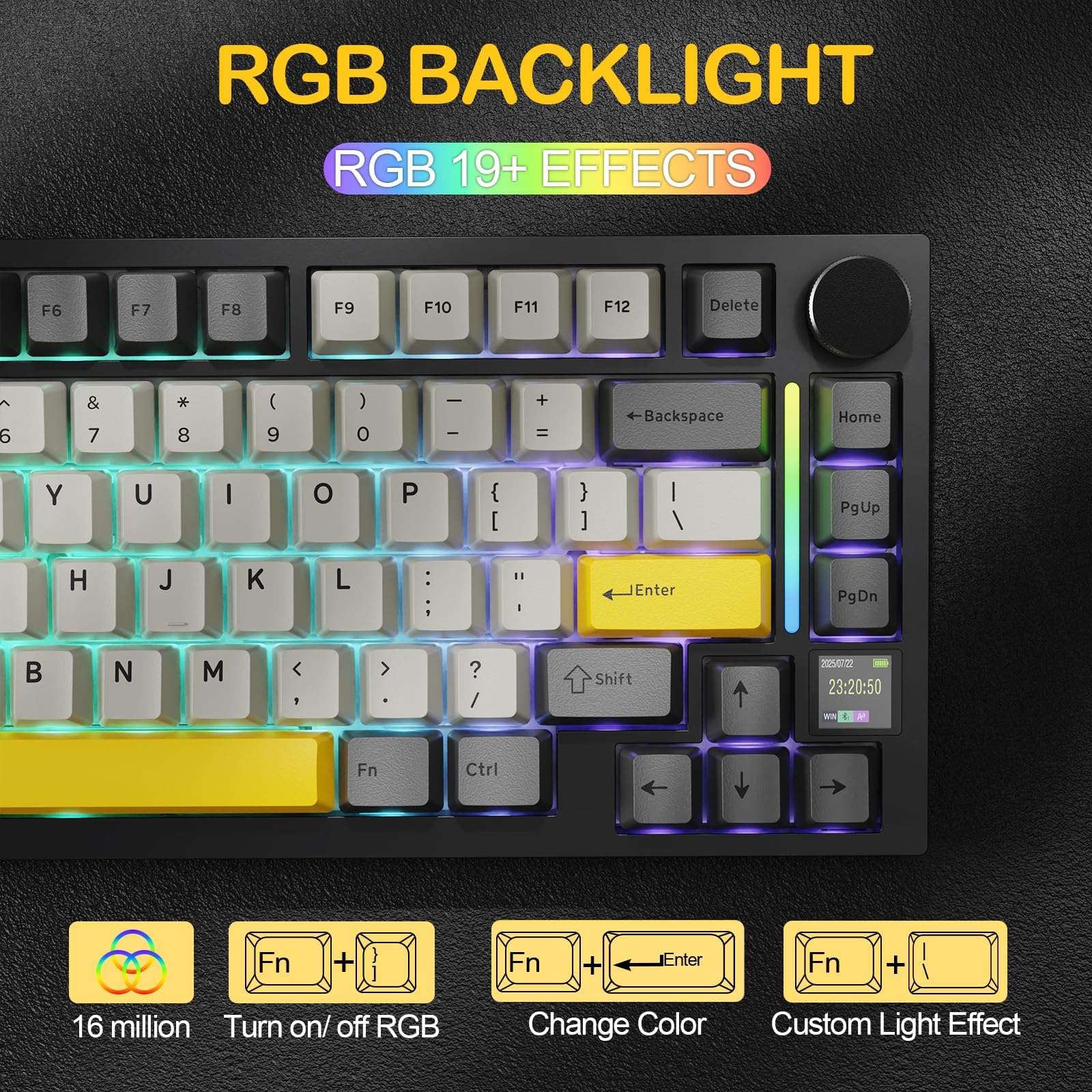 ATTACK SHARK X820 Ultra Clavier Mécanique sans Fil avec Écran TFT Intelligent & Molette, Clavier Gaming 75% Hot-Swappable, BT/2,4G/Câblé, LED RGB Orientation Sud, Touches PBT (Noir–Shark Switch)