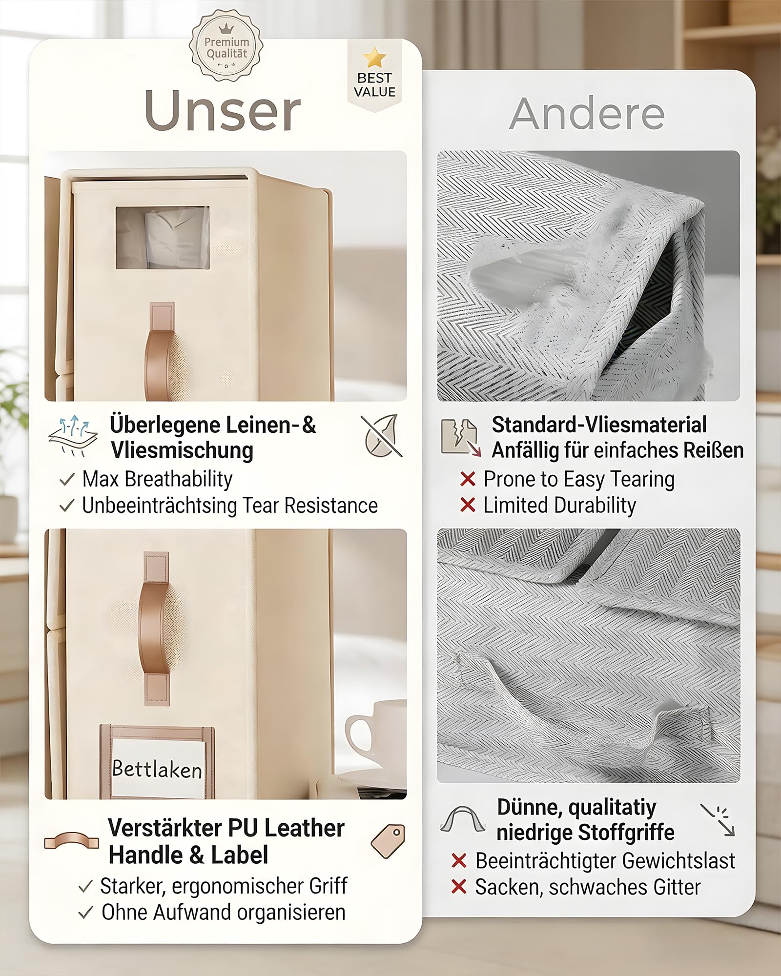 SwartLife 3er Set Bettwäsche Organizer Box - Premium Leinen-Mix Betttuch Aufbewahrung für King Size Bettlaken & Decken - Faltbare Schrank Ordnungssystem mit Sichtfenster & Etikett - Cremeweiß