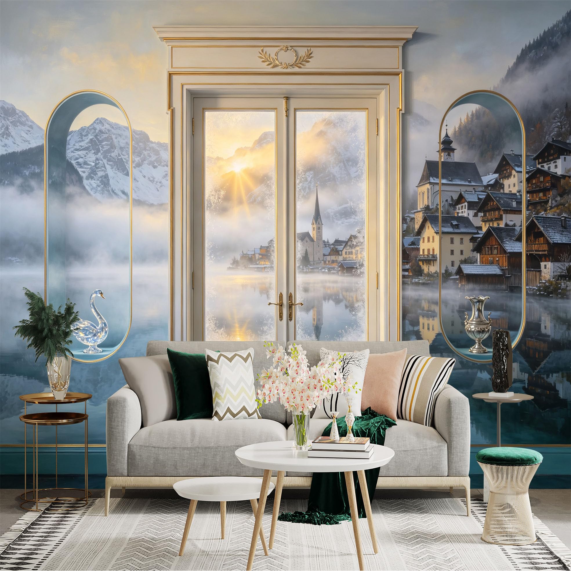 Custom Size Wall Sticker Mural， Alpine Lake Village， Snowy Mountains， Swan Reflection， Sunrise View， for wall Decoration， peelandstick wall Decals.