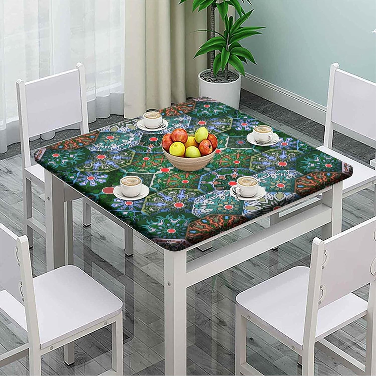 Square Fitted Polyester Tablecloths, Boho Art Floral Elastic Edge Decorative Table Cloth, Dust & Wrinkle Proof Fabric Tablecloths for Family Festival Party Use, Fit for 48" x 48" Square Table