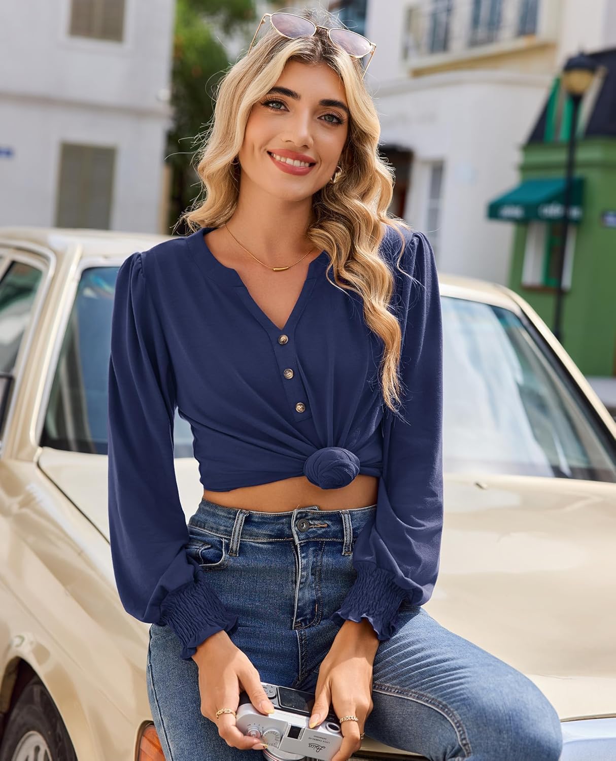 Womens Tunic Tops Dressy Casual Long Sleeve Henley V Neck Shirts for Women Button Up Blouse - Image 2