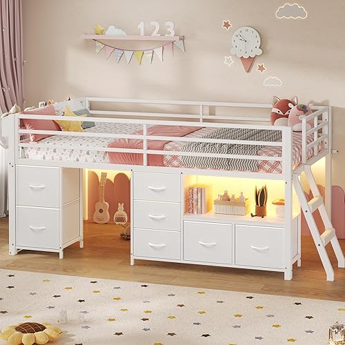 Miniatura 9 de ADORNEVE Cama baja tipo loft tamaño individual con 7 cajones de almacenamiento, estantería y luces LED, cama alta de metal para niños con barandilla