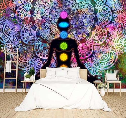 Papel tapiz bohemio de siete chakras, mandala bohemio, murales espirituales, yoga, meditación, decoración de habitación, habitación, sala de estar,